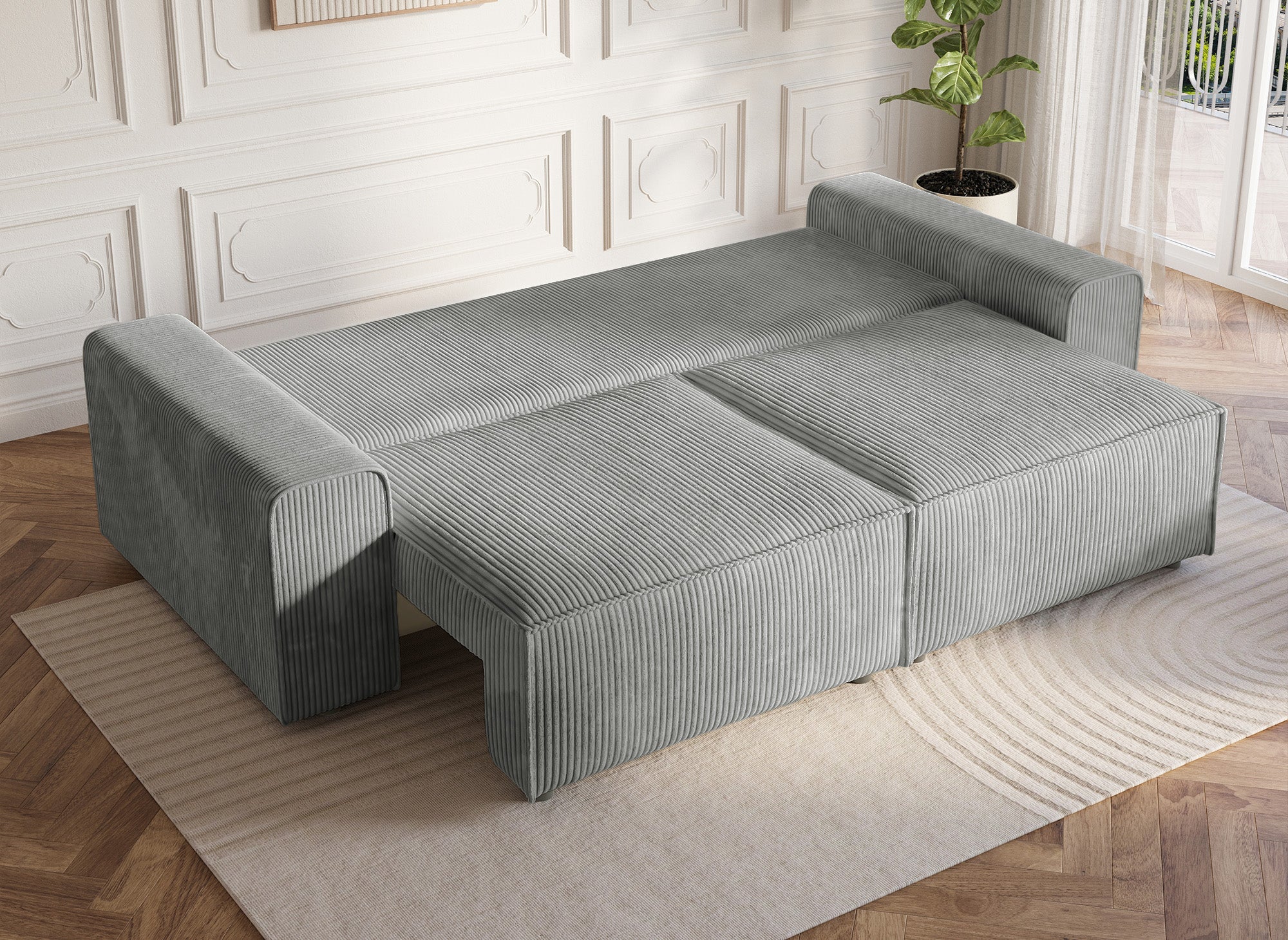 Sofá cama DONA de 3 plazas con almacenaje en pana gris gruesa