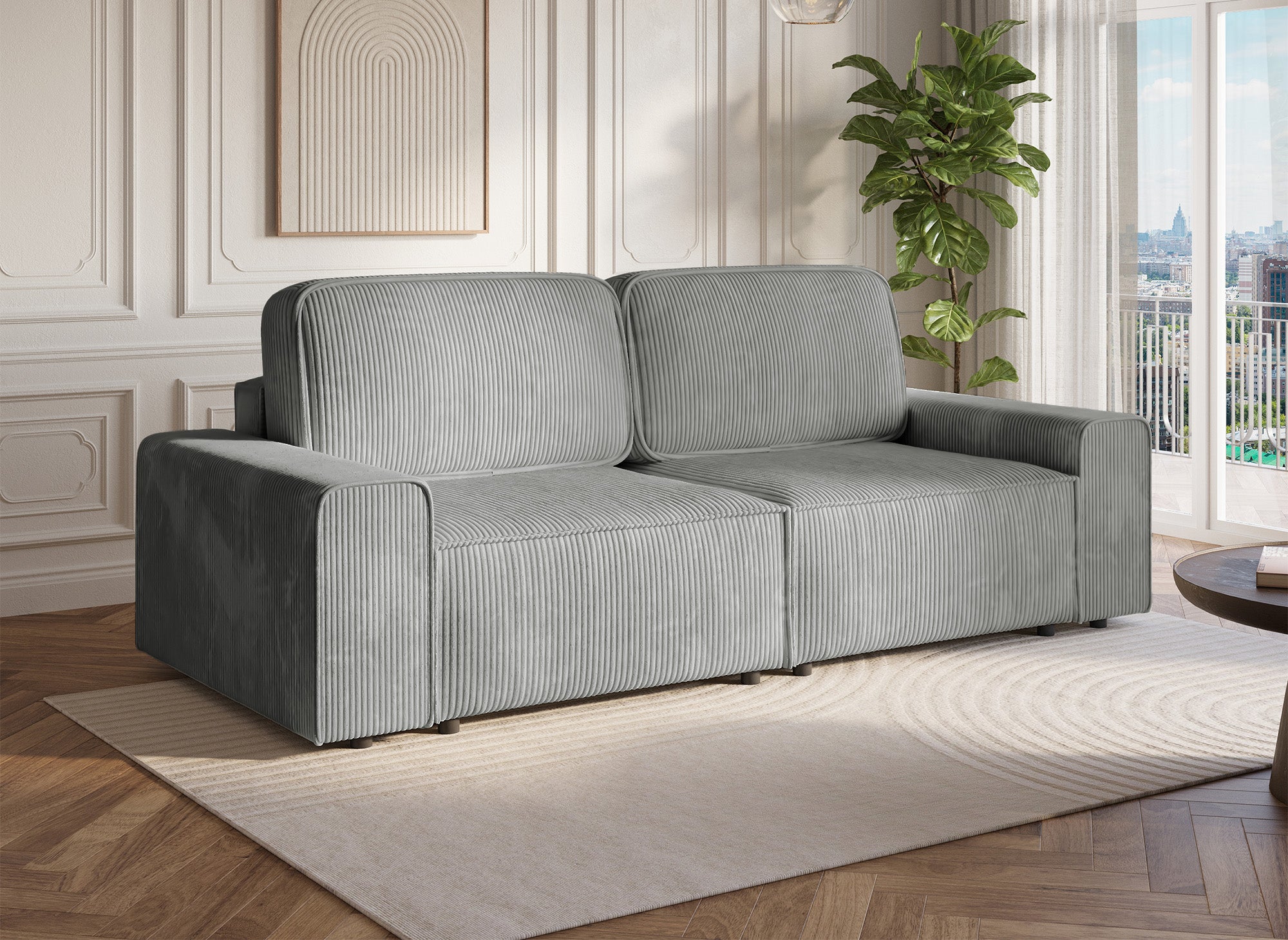 Sofá cama DONA de 3 plazas con almacenaje en pana gris gruesa