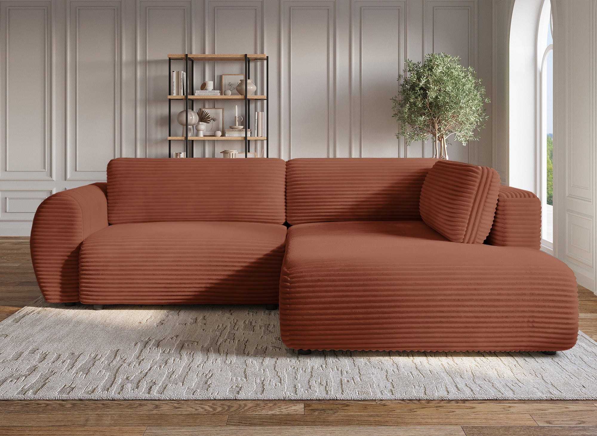 Sofá cama esquinero TILDA de terracota con diseño acanalado, chaise longue y almacenaje - Esquina derecha