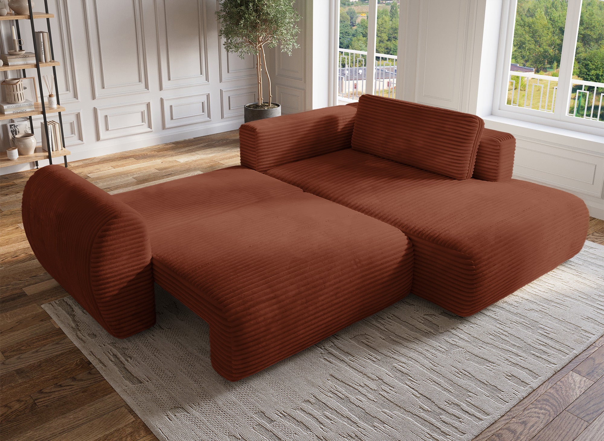 Sofá cama esquinero TILDA de terracota con diseño acanalado, chaise longue y almacenaje - Esquina derecha