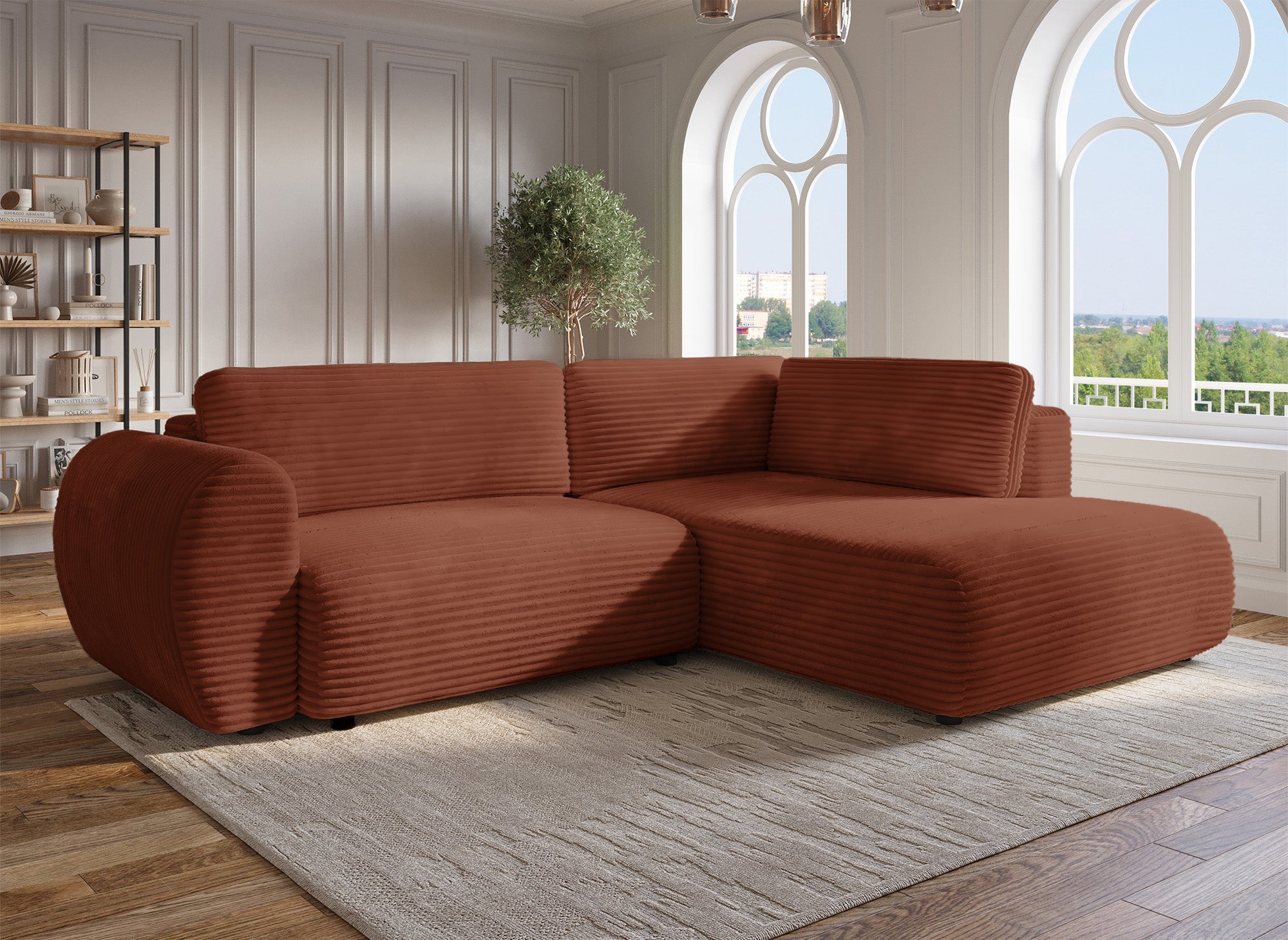 Sofá cama esquinero TILDA de terracota con diseño acanalado, chaise longue y almacenaje - Esquina derecha