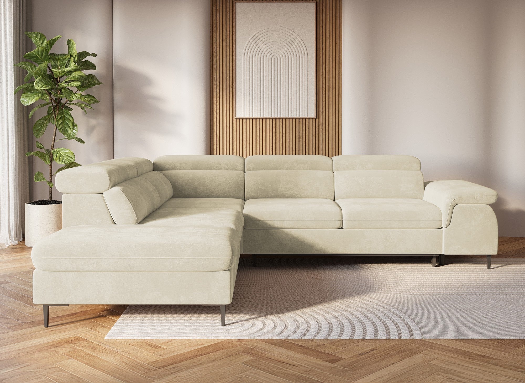 Sofá esquinero convertible SWAN con compartimento de almacenamiento en terciopelo beige - Esquina izquierda