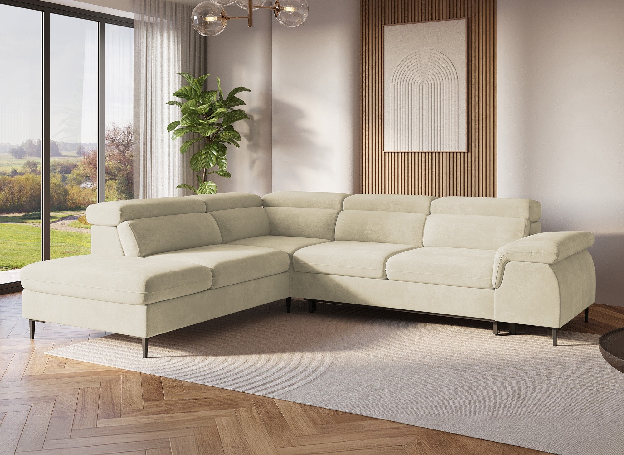 Sofá esquinero convertible SWAN con compartimento de almacenamiento en terciopelo beige - Esquina izquierda