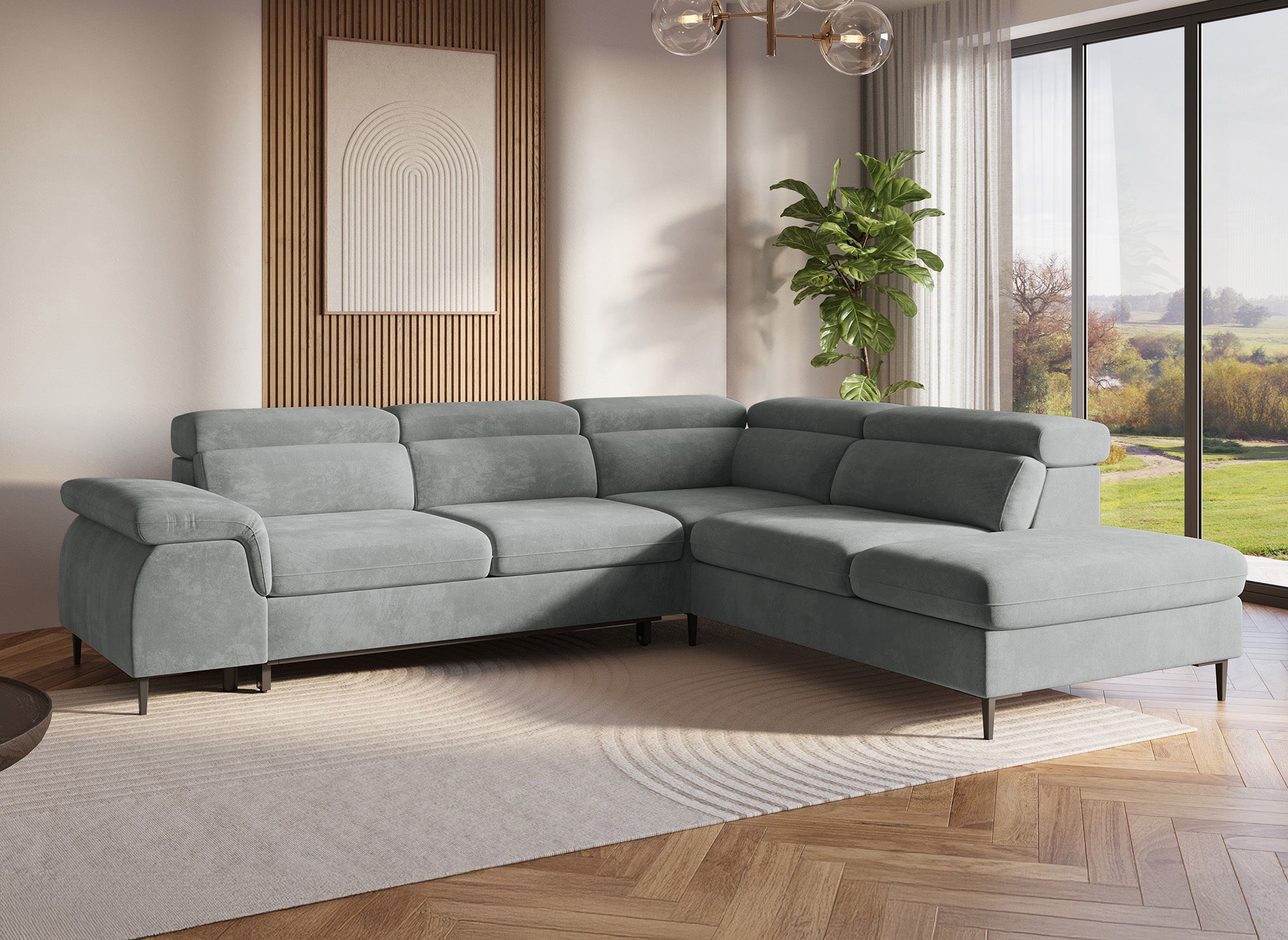 Sofá cama esquinero SWAN con almacenaje en terciopelo gris - Esquina derecha