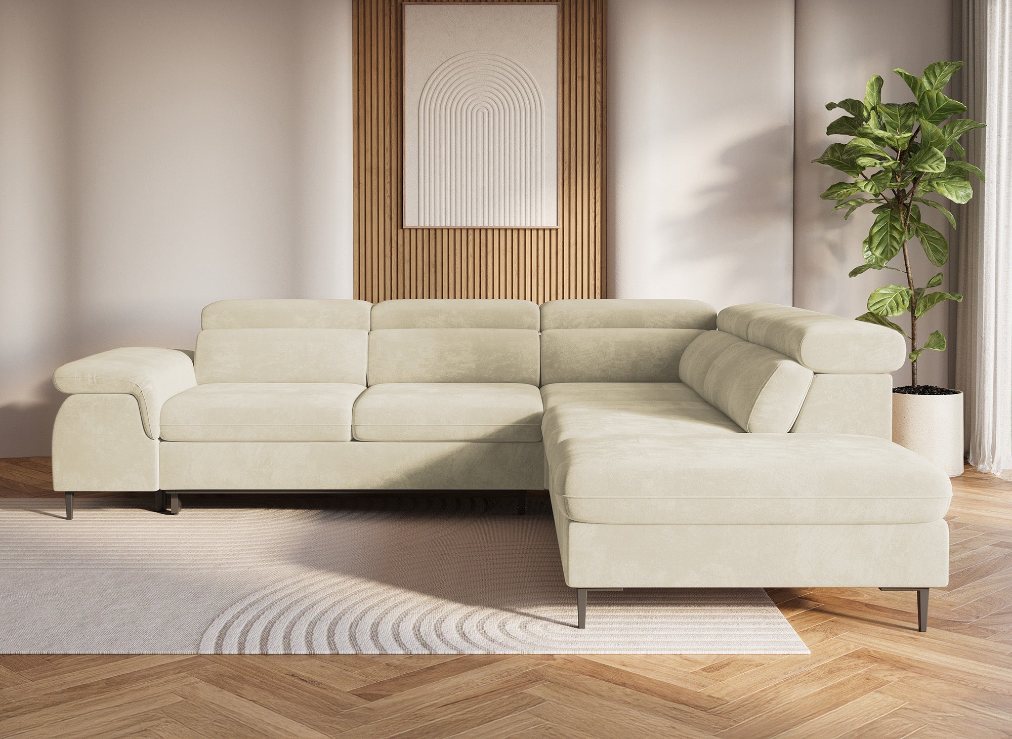 Sofá esquinero convertible SWAN con compartimento de almacenamiento en terciopelo beige - Esquinero derecho