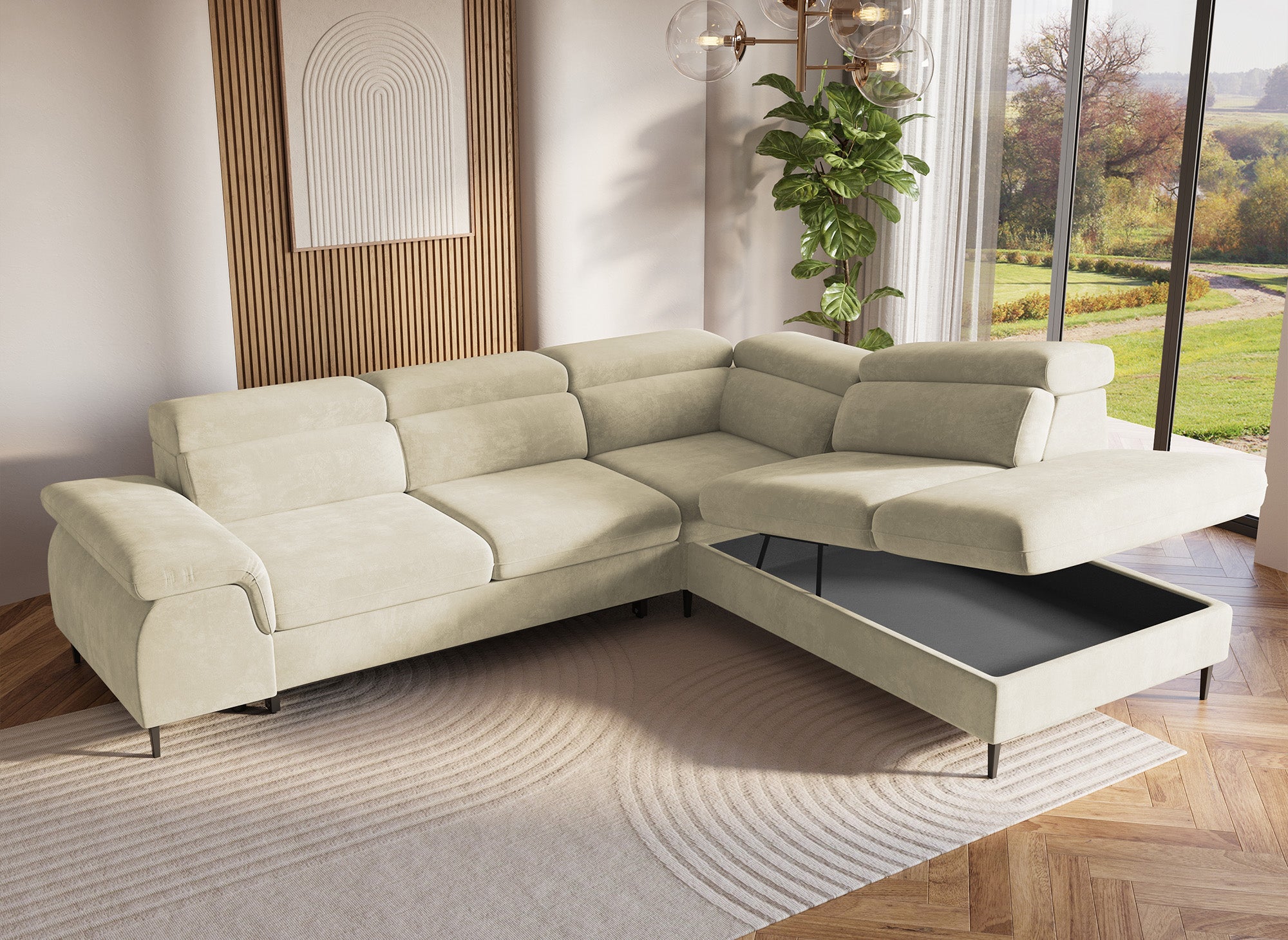 Sofá esquinero convertible SWAN con compartimento de almacenamiento en terciopelo beige - Esquinero derecho