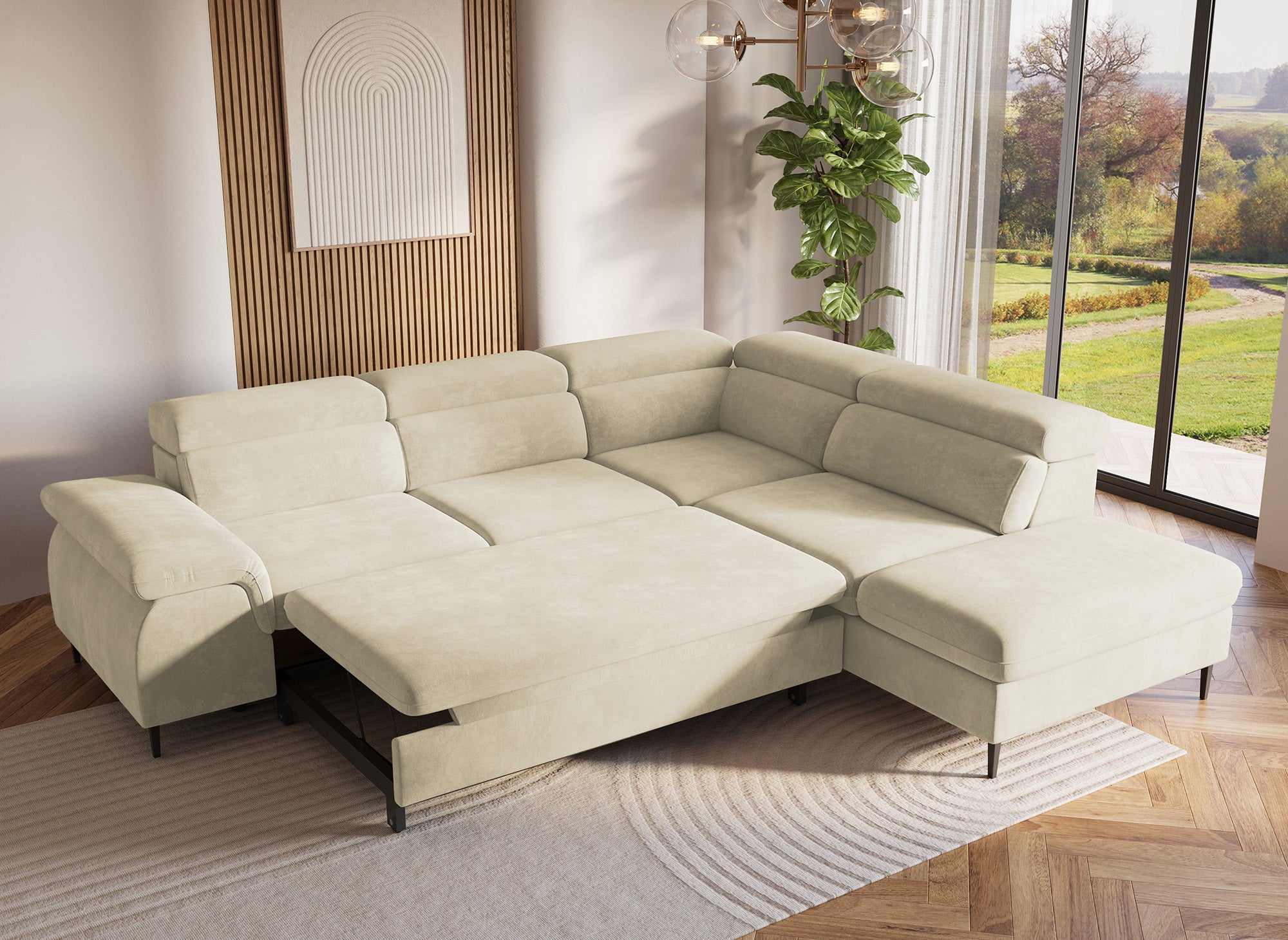 Sofá esquinero convertible SWAN con compartimento de almacenamiento en terciopelo beige - Esquinero derecho