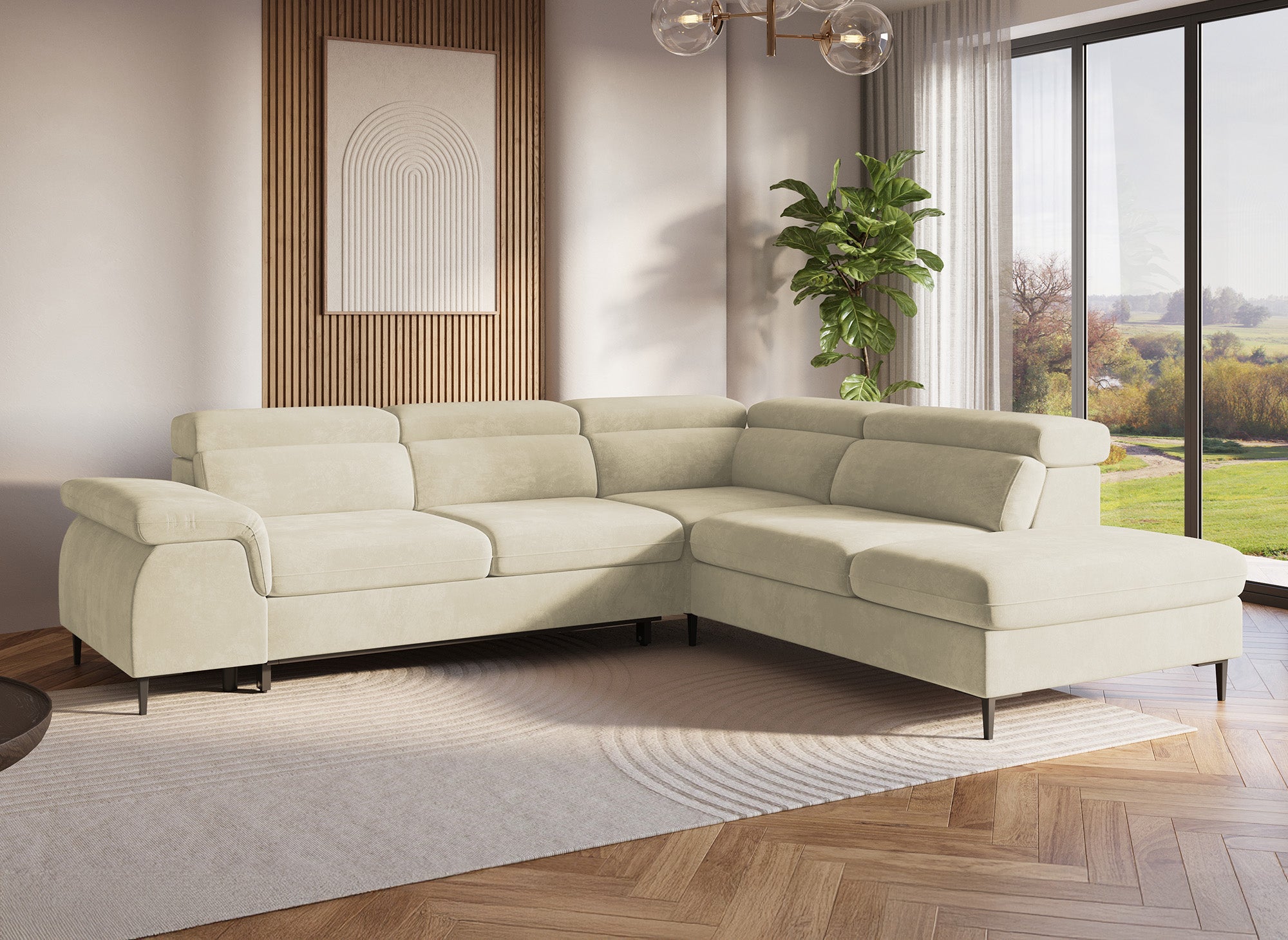Sofá esquinero convertible SWAN con compartimento de almacenamiento en terciopelo beige - Esquinero derecho