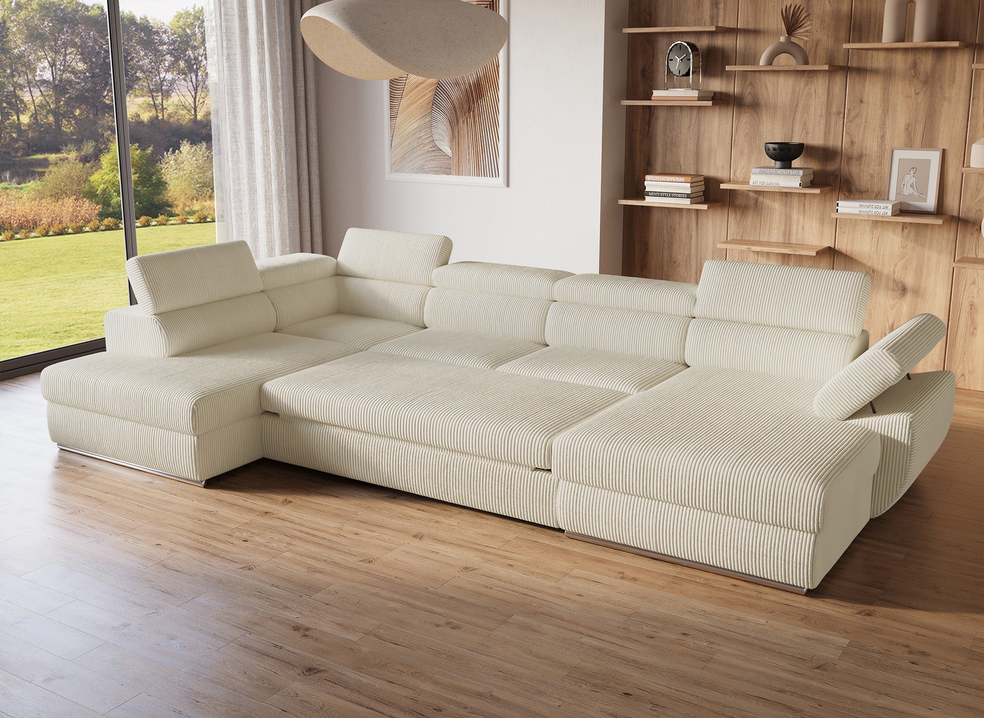 Sofá cama panorámico convertible MARIANO con almacenaje en pana gruesa color beige - Esquina derecha