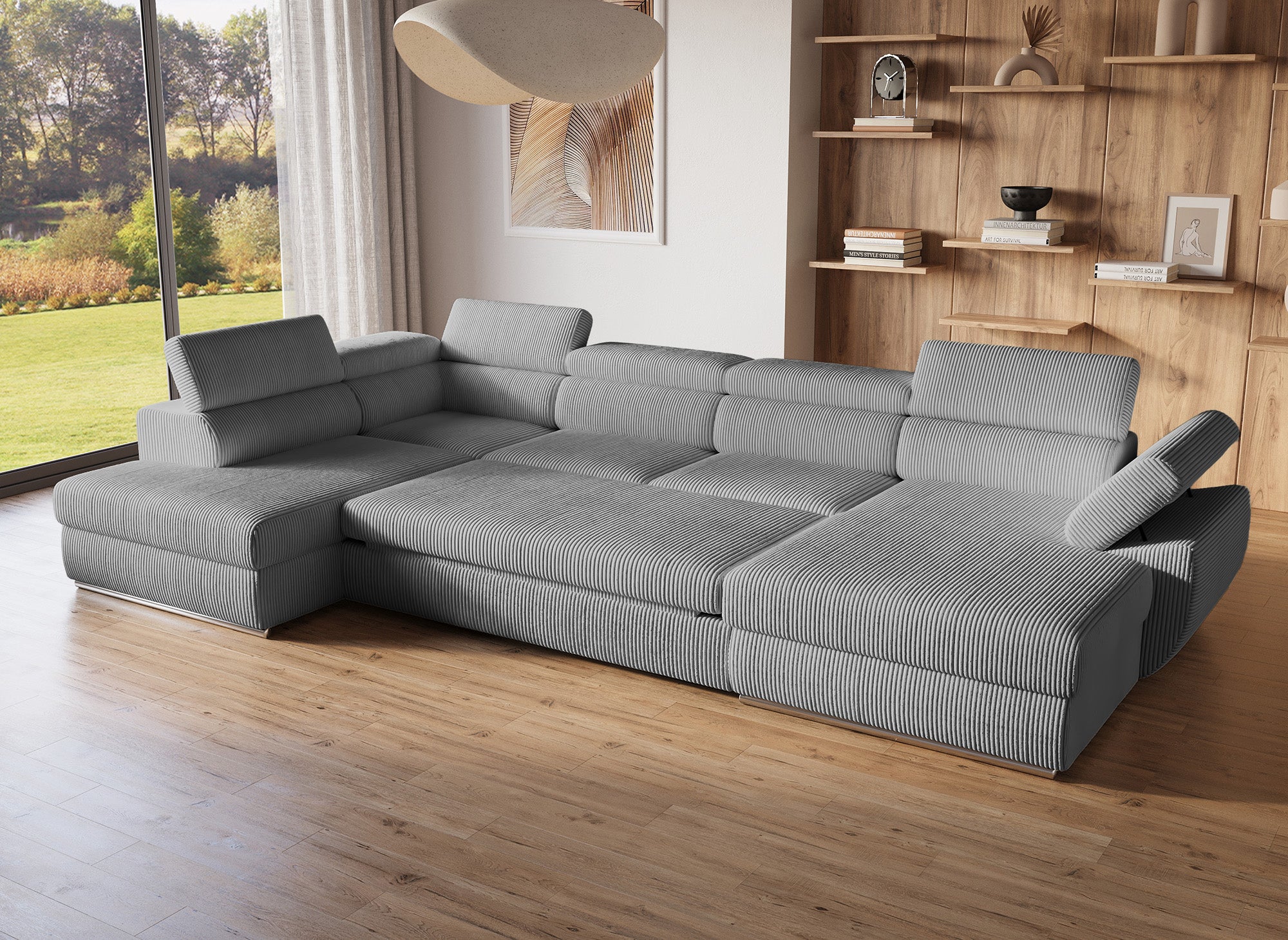 Sofá cama panorámico convertible MARIANO con almacenaje en pana gris gruesa - Esquina derecha
