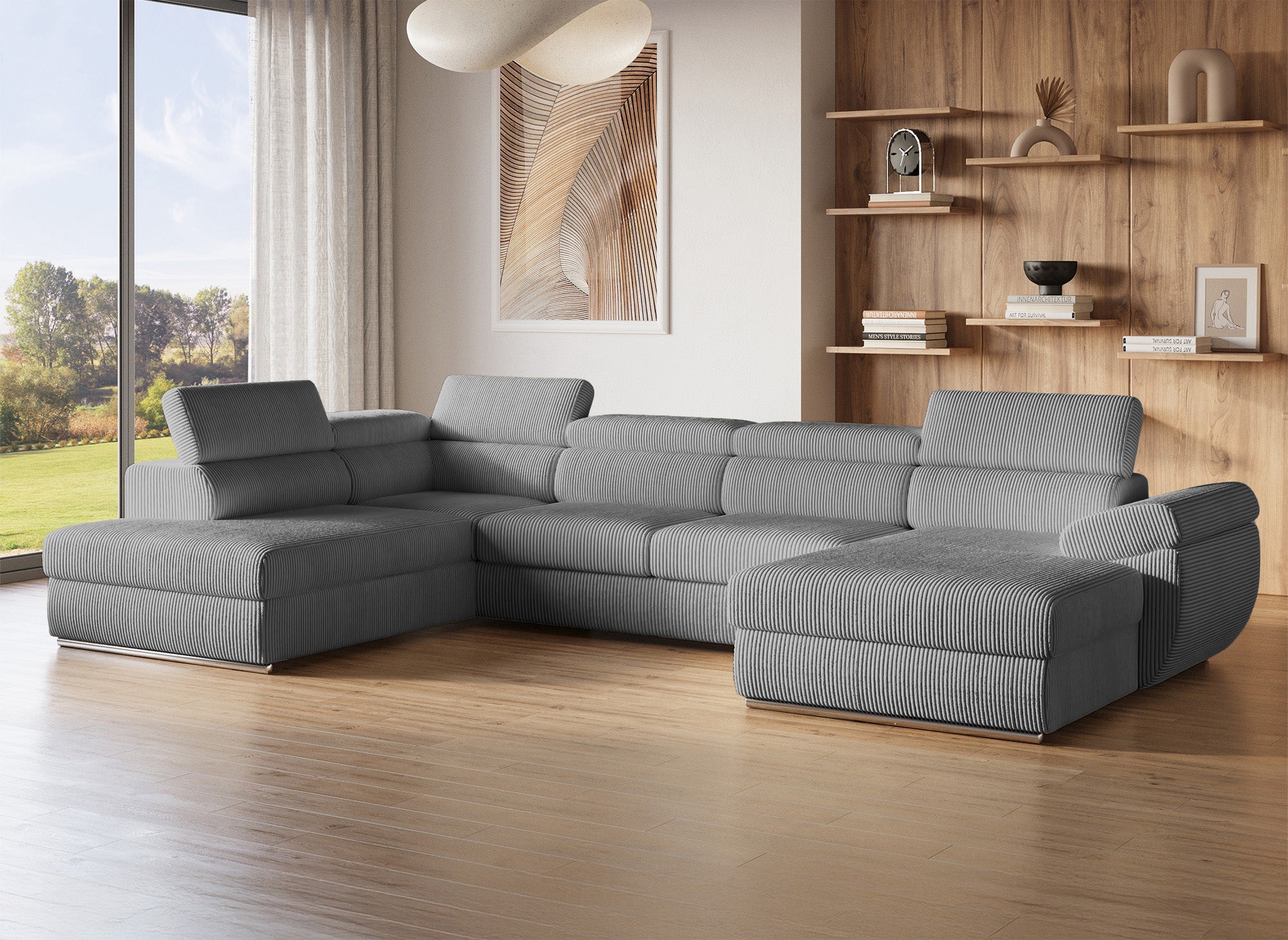 Sofá cama panorámico convertible MARIANO con almacenaje en pana gris gruesa - Esquina derecha