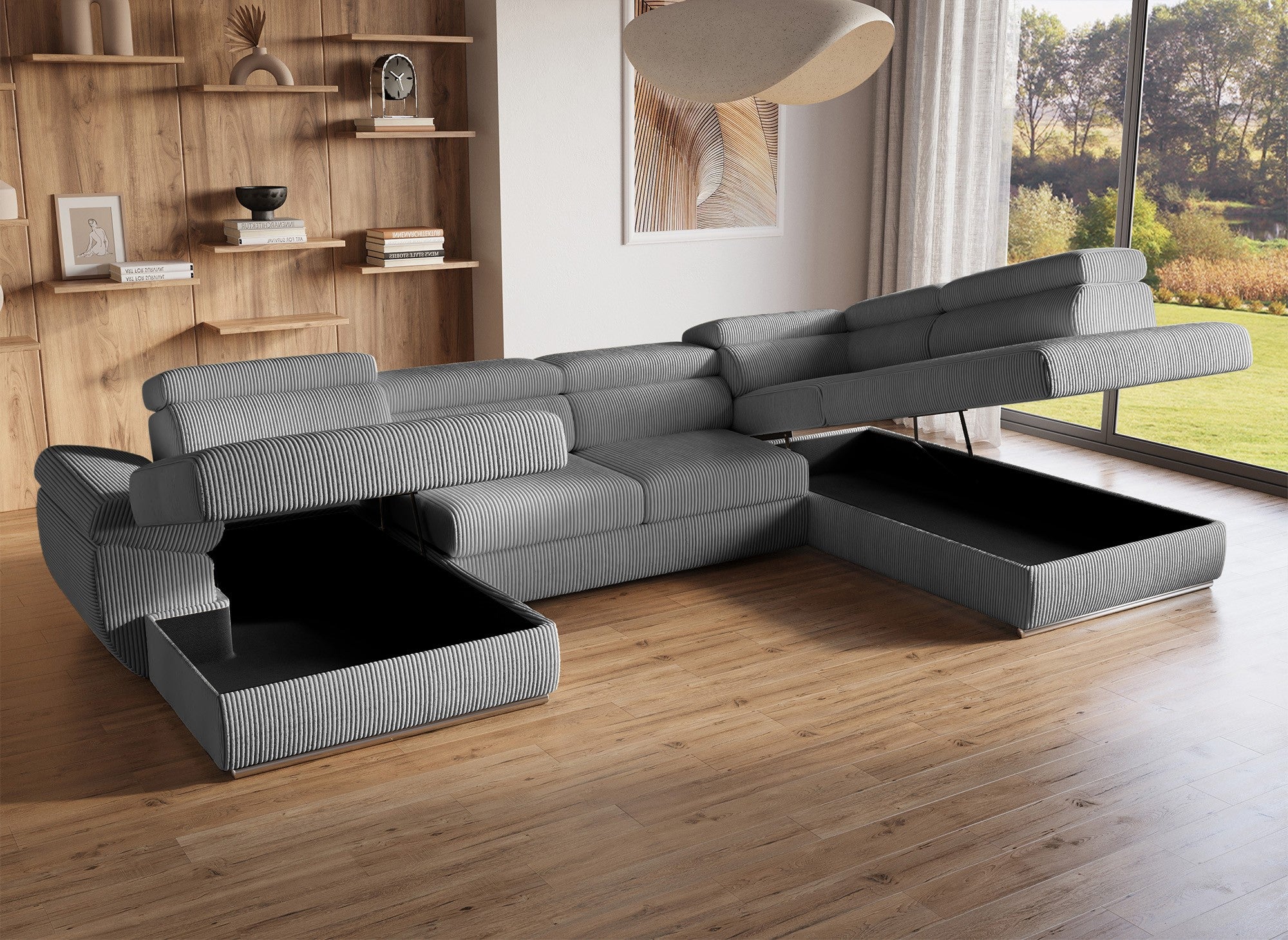 Sofá cama panorámico convertible MARIANO con almacenaje en pana gris gruesa - Esquina izquierda