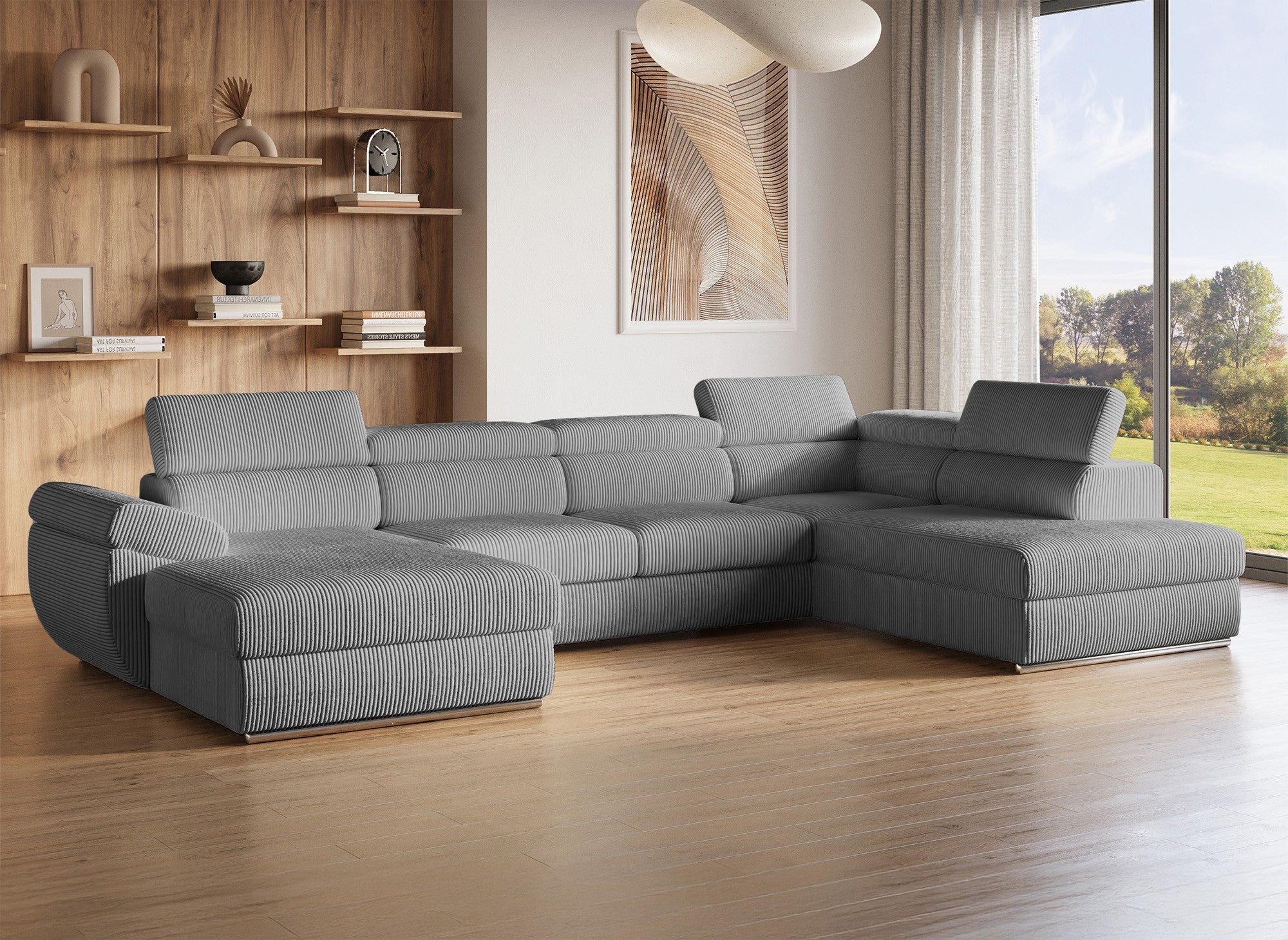 Sofá cama panorámico convertible MARIANO con almacenaje en pana gris gruesa - Esquina izquierda