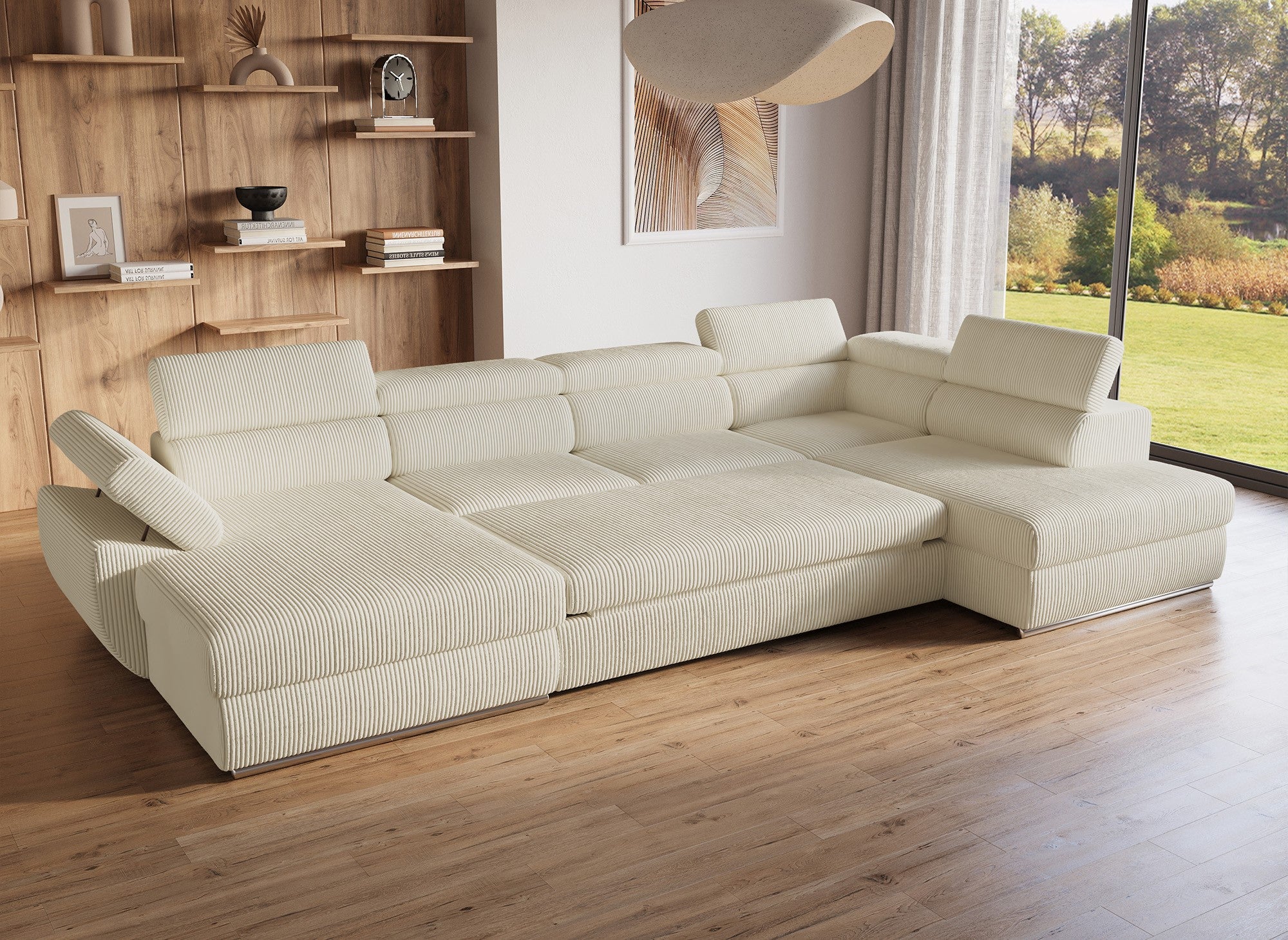 Sofá cama panorámico convertible MARIANO con almacenaje en pana gruesa color beige - Esquina izquierda