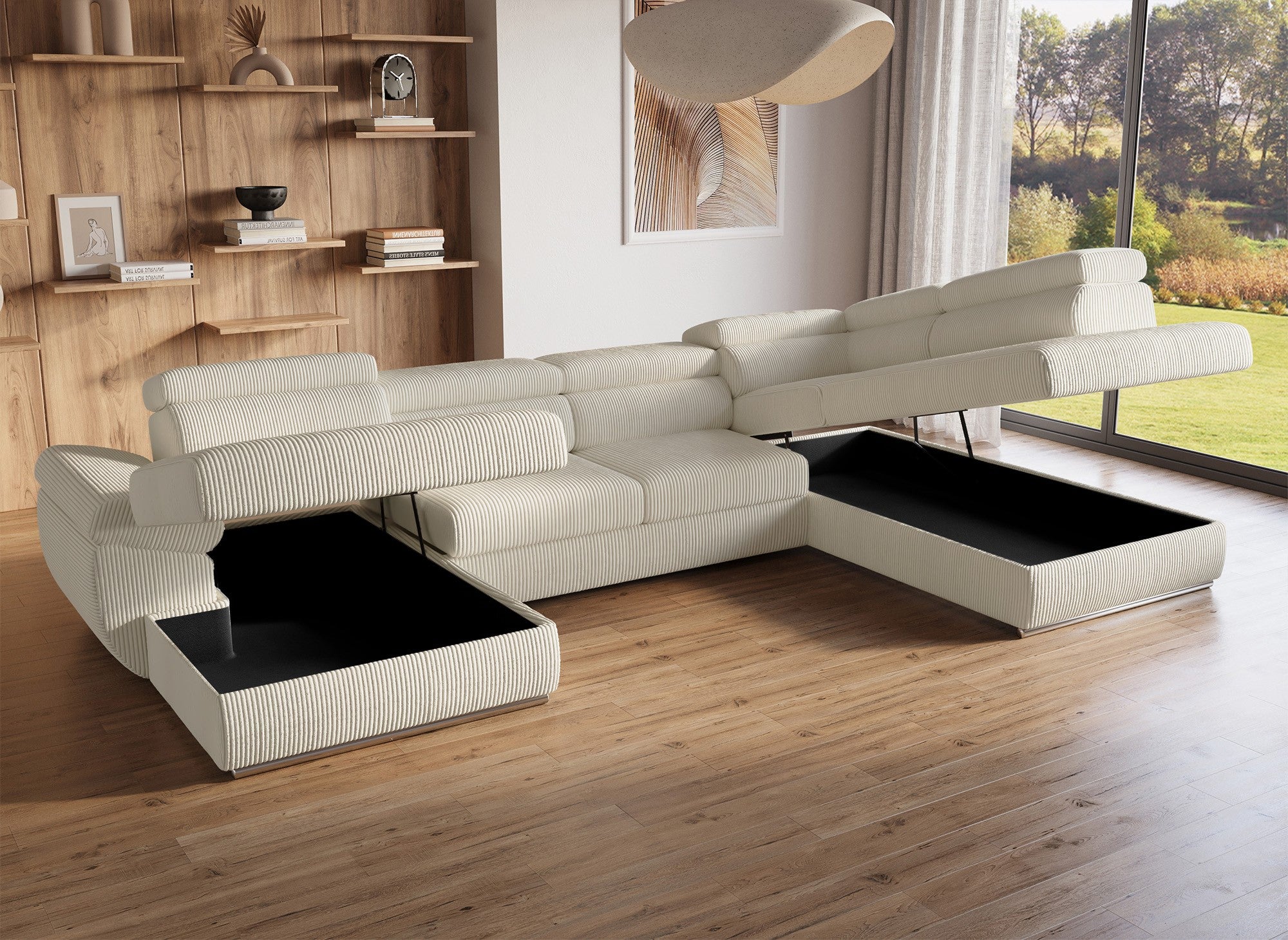 Sofá cama panorámico convertible MARIANO con almacenaje en pana gruesa color beige - Esquina izquierda