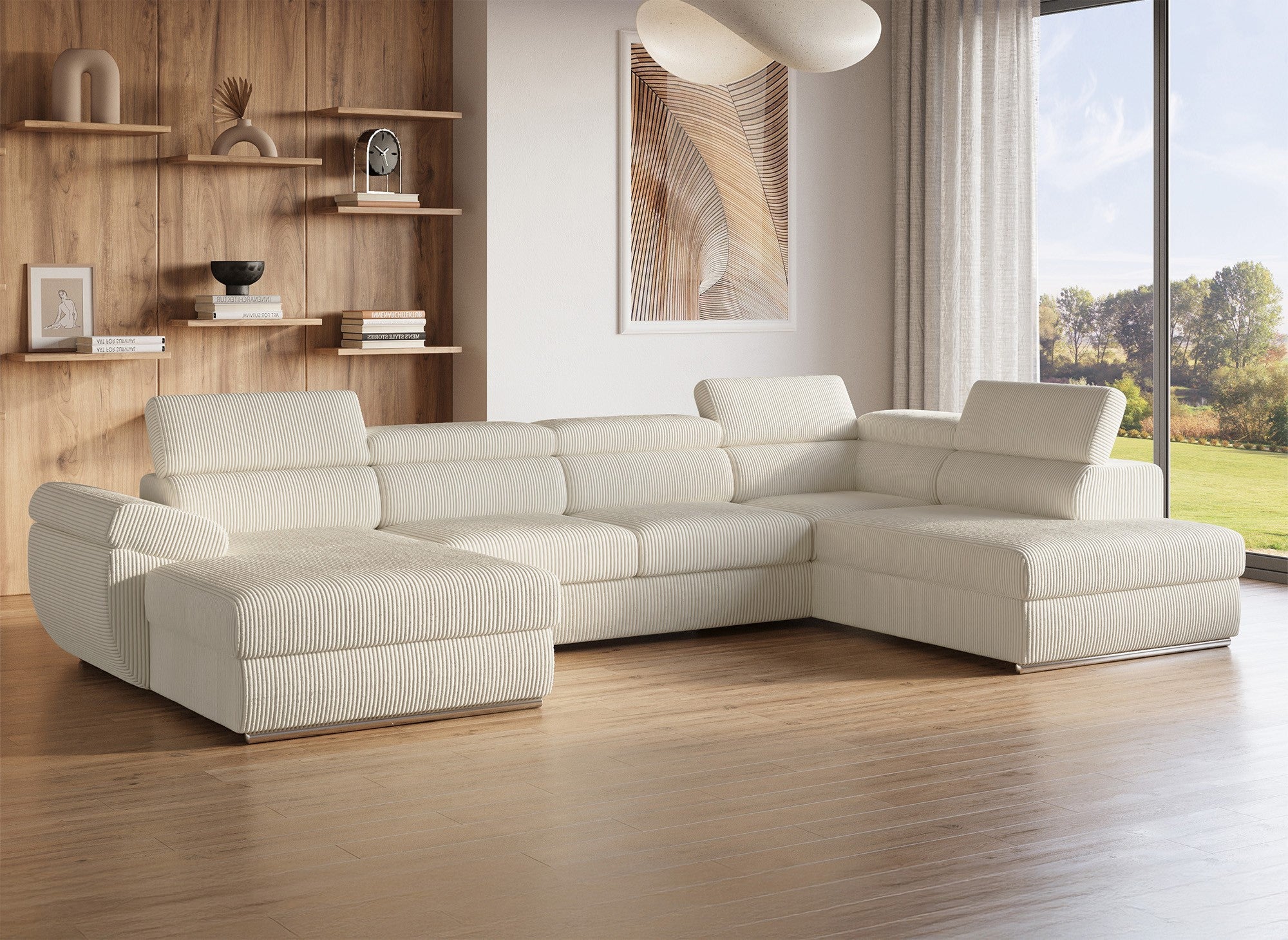 Sofá cama panorámico convertible MARIANO con almacenaje en pana gruesa color beige - Esquina izquierda