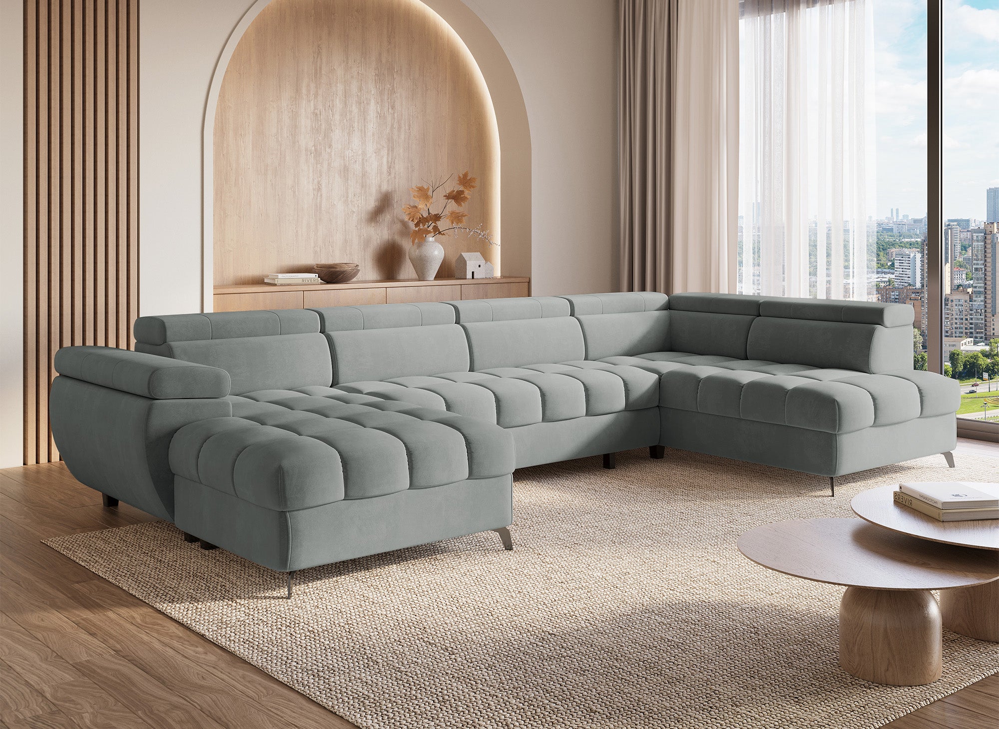 Sofá panorámico convertible LUCIANO acolchado con almacenaje en terciopelo gris - Esquina izquierda