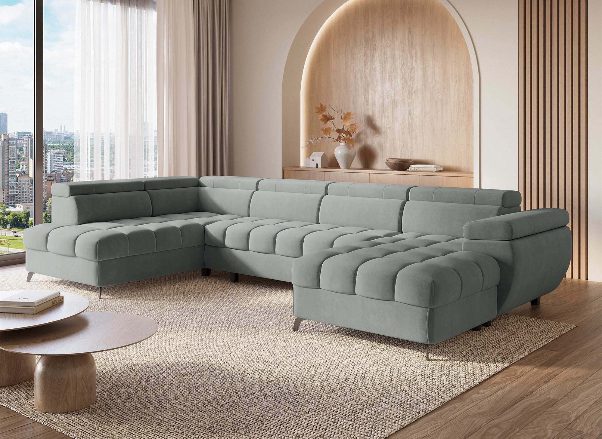 Sofá panorámico convertible LUCIANO acolchado con almacenaje en terciopelo gris - Esquina derecha