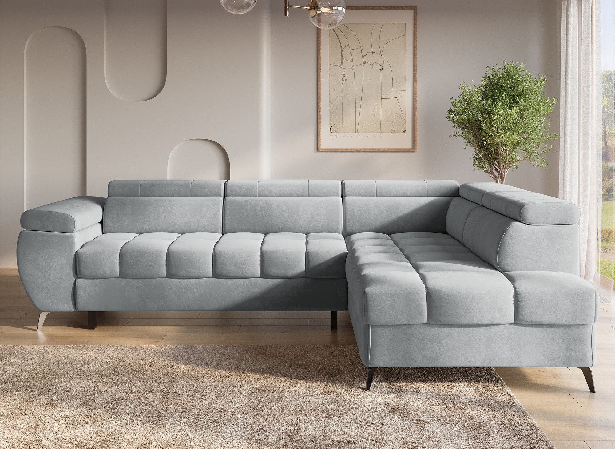 Sofá esquinero convertible LUCIANO acolchado con almacenaje en terciopelo gris - Esquinero derecho