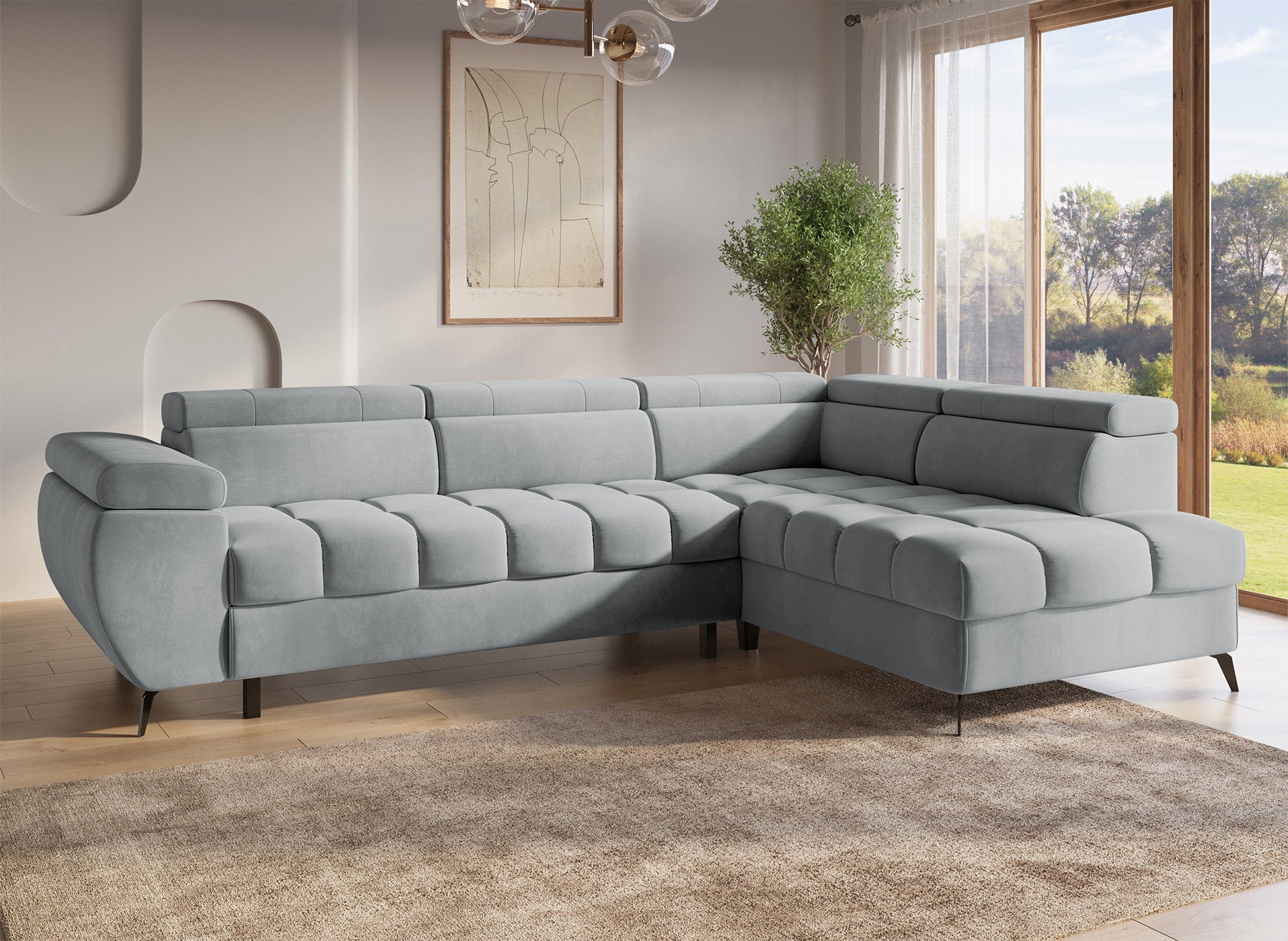 Sofá esquinero convertible LUCIANO acolchado con almacenaje en terciopelo gris - Esquinero derecho