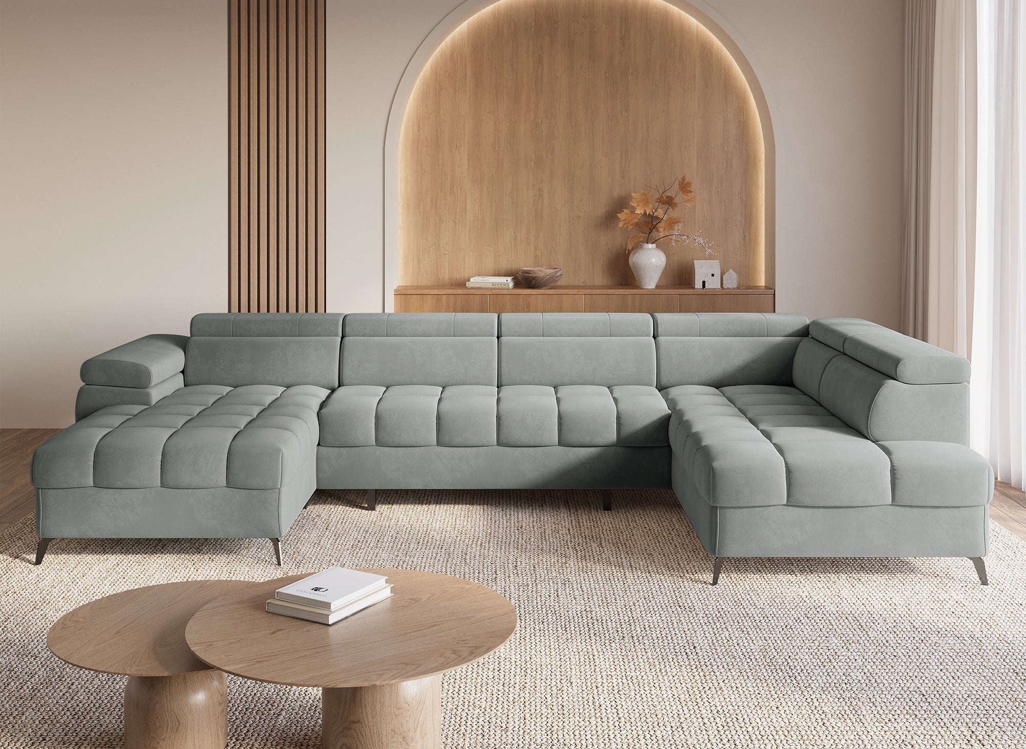 Sofá panorámico convertible LUCIANO acolchado con almacenaje en terciopelo gris - Esquina izquierda