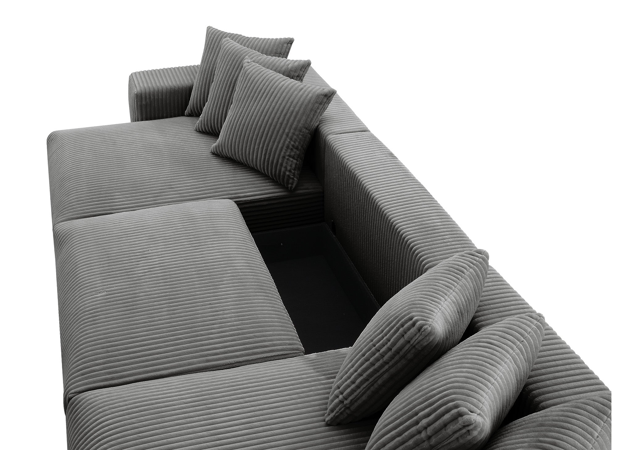 Sofá cama panorámico reversible NOELIA con almacenaje en pana gris gruesa