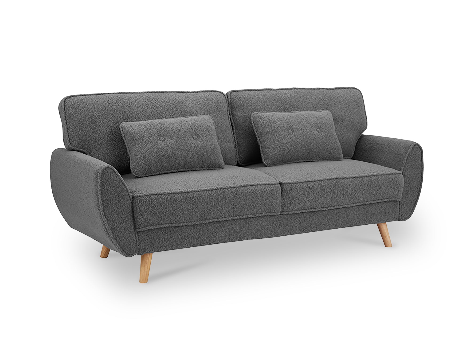 Sofá PANAMA click-clack tapizado en tela bouclé gris con patas de madera