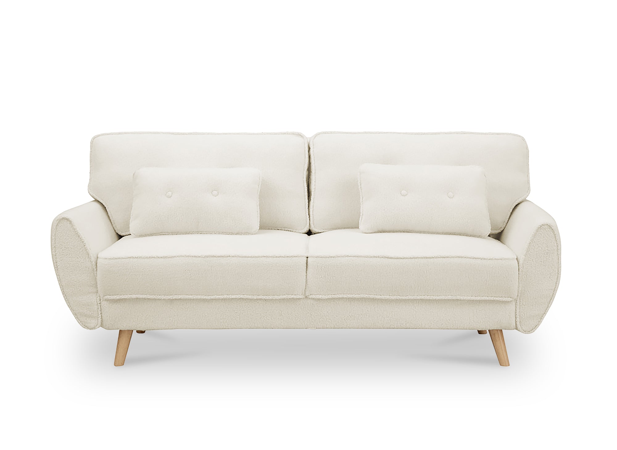 Sofá PANAMA click-clack tapizado en tela bouclé color crudo con patas de madera