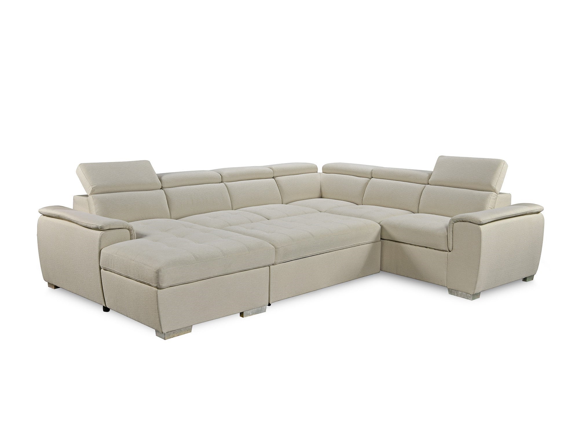 Sofá cama panorámico convertible GAELLE con compartimento de almacenamiento en tela beige - Esquina izquierda