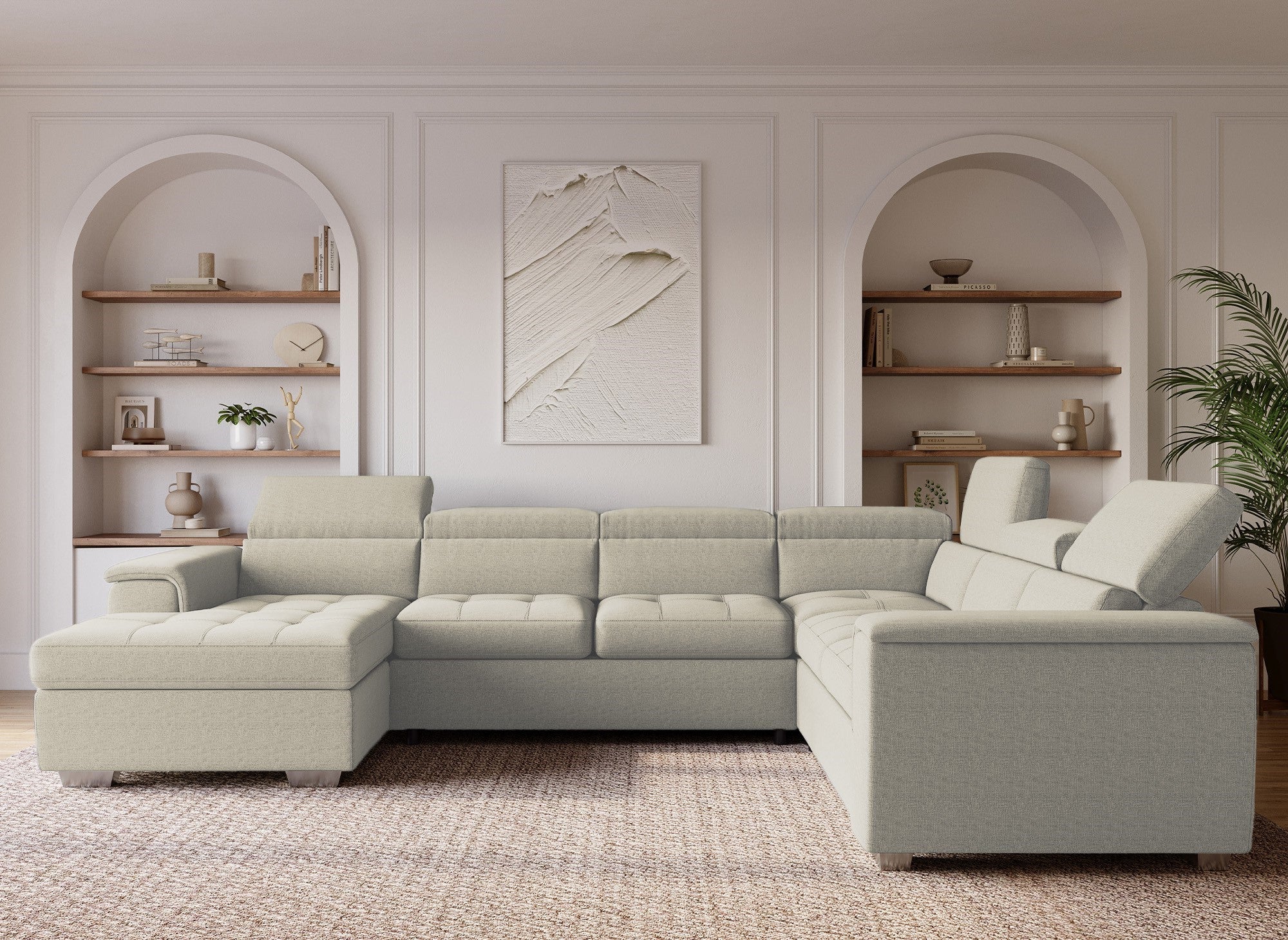 Sofá cama panorámico convertible GAELLE con compartimento de almacenamiento en tela beige - Esquina izquierda