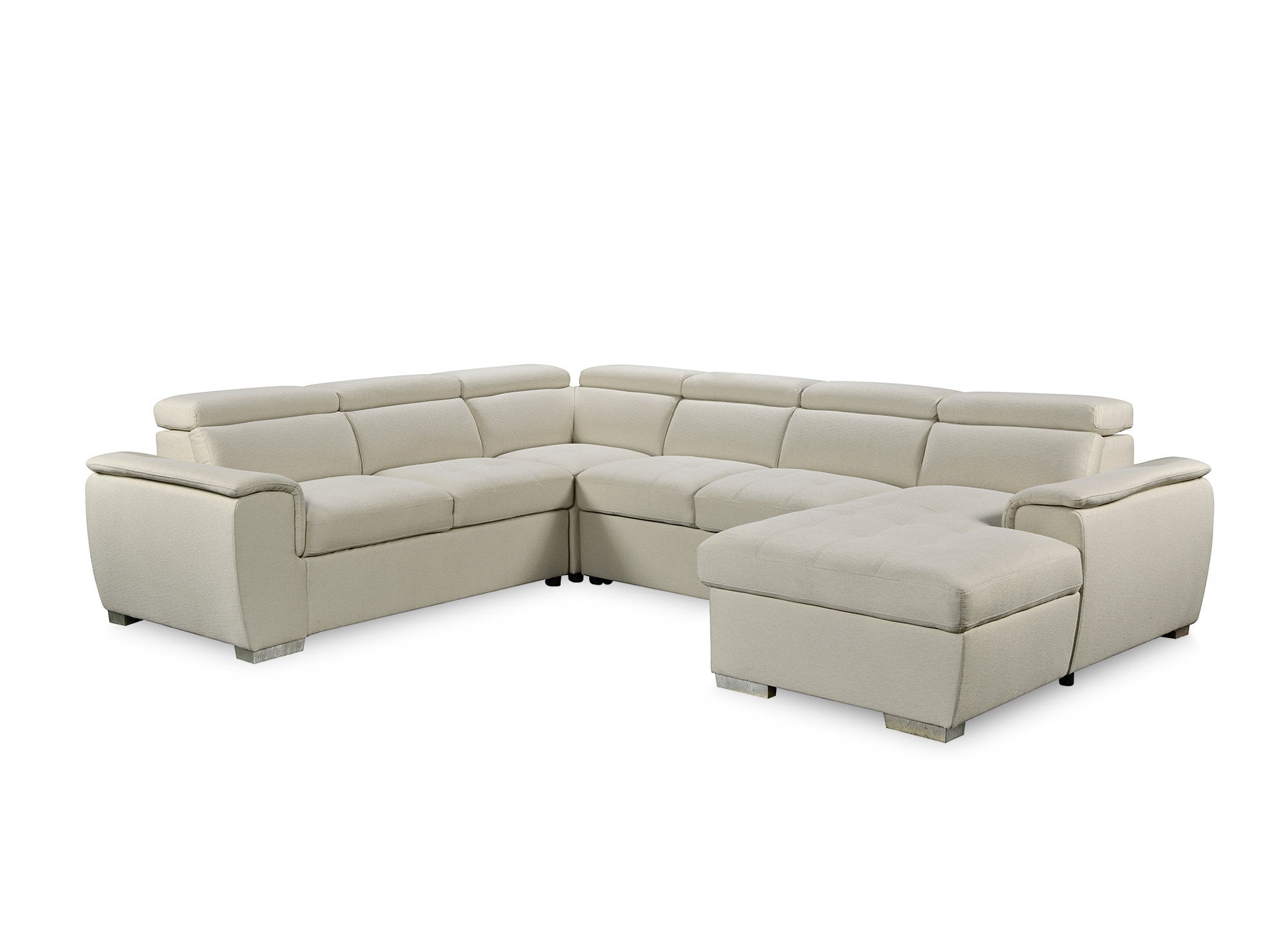 Sofá cama panorámico convertible GAELLE con compartimento de almacenamiento en tela beige - Esquina derecha