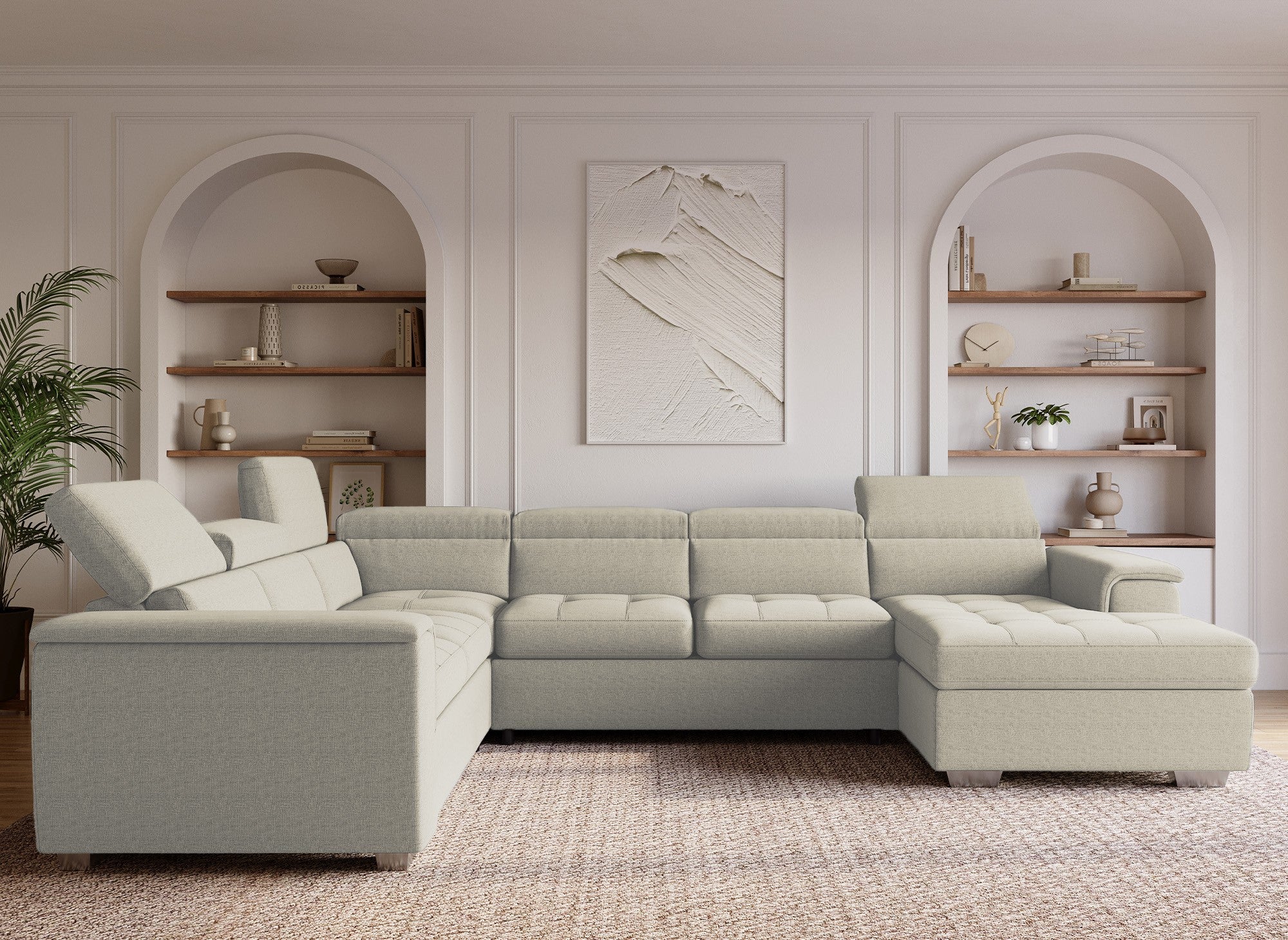 Sofá cama panorámico convertible GAELLE con compartimento de almacenamiento en tela beige - Esquina derecha