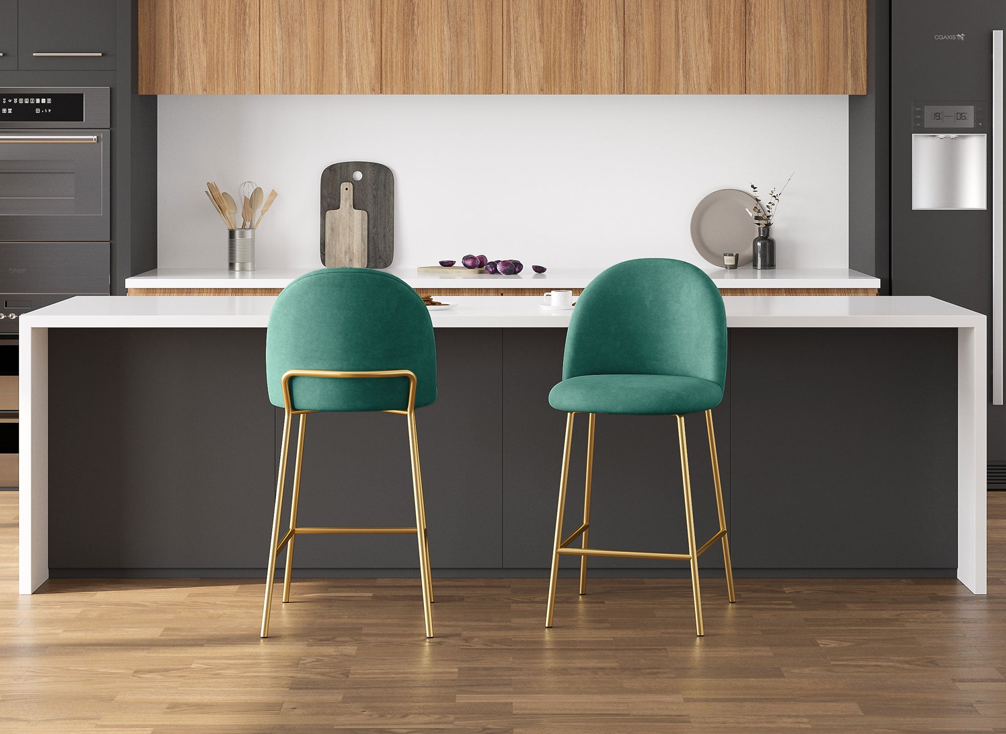 Juego de 2 taburetes de bar de diseño ARABEL en terciopelo verde