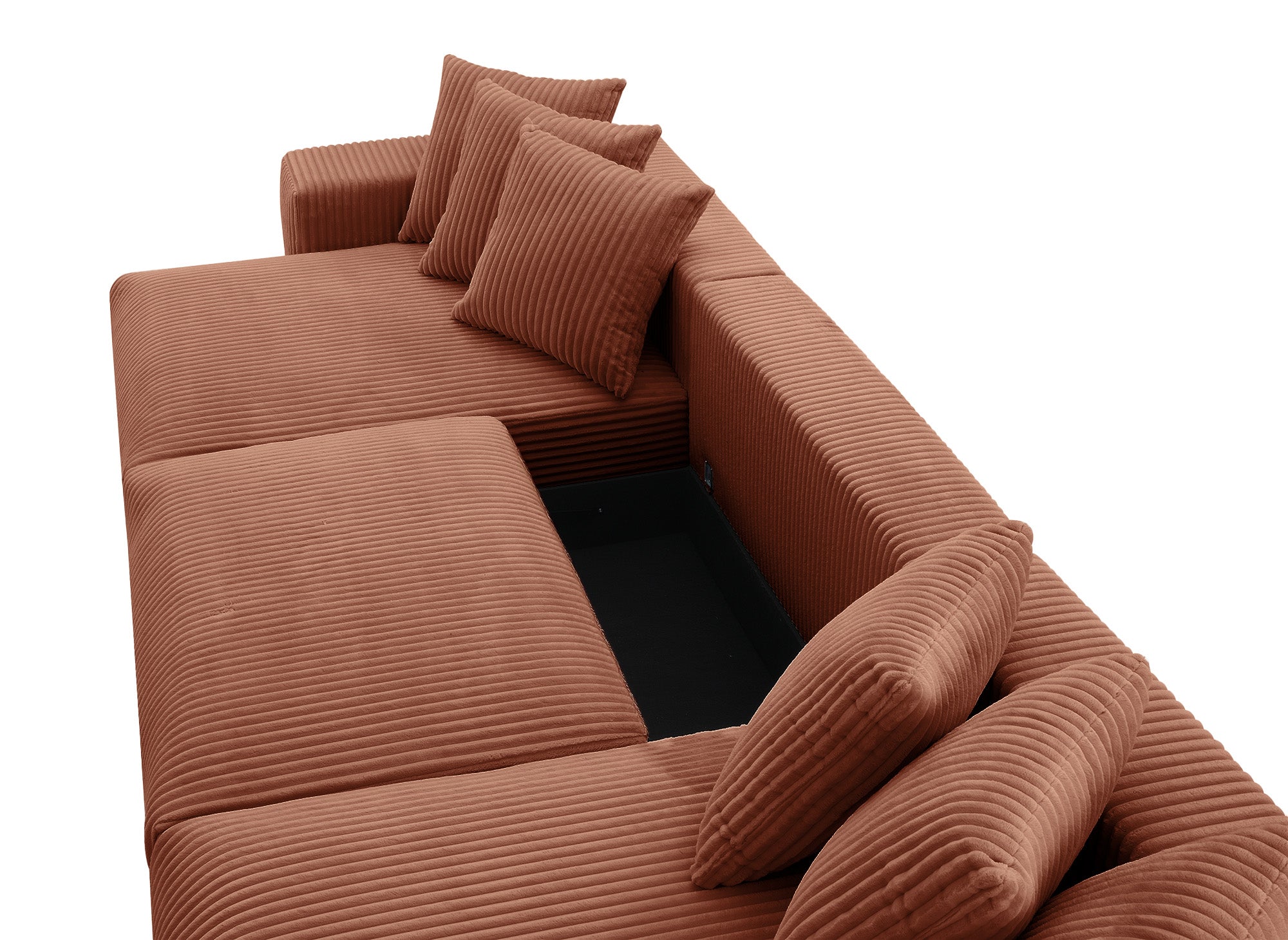 Sofá cama panorámico reversible NOELIA con almacenaje en pana gruesa color terracota