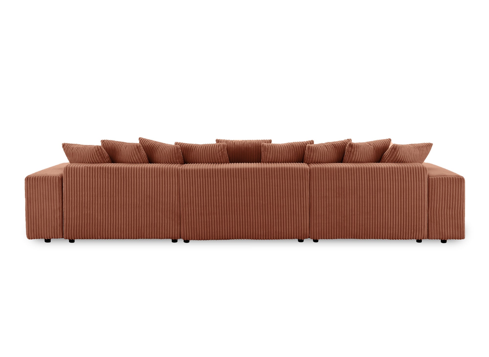 Sofá cama panorámico reversible NOELIA con almacenaje en pana gruesa color terracota