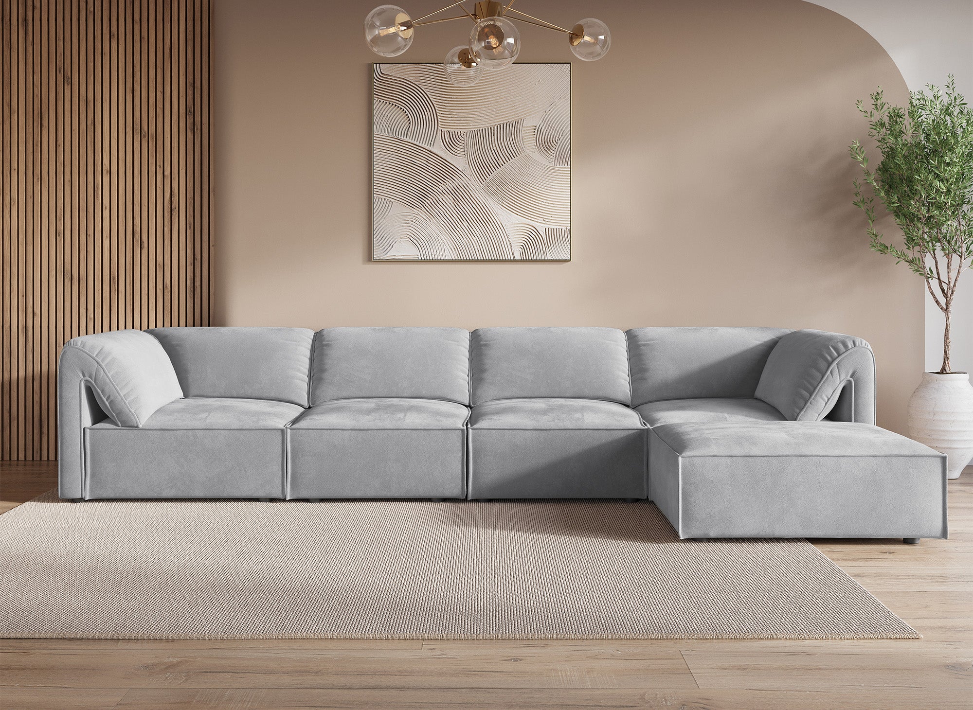 Sofá esquinero modular HARINA en terciopelo gris