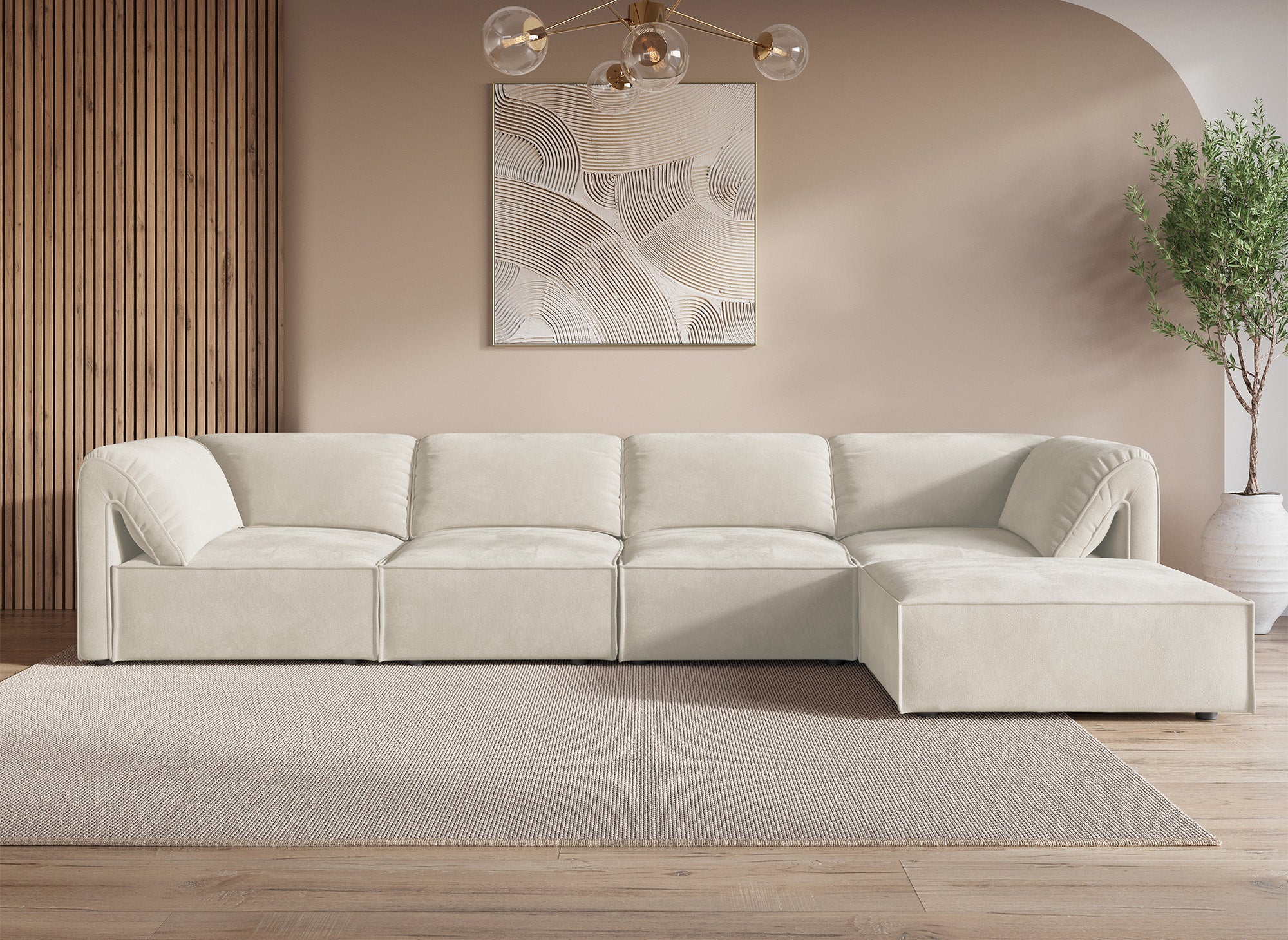 Sofá esquinero modular HARINA en terciopelo beige