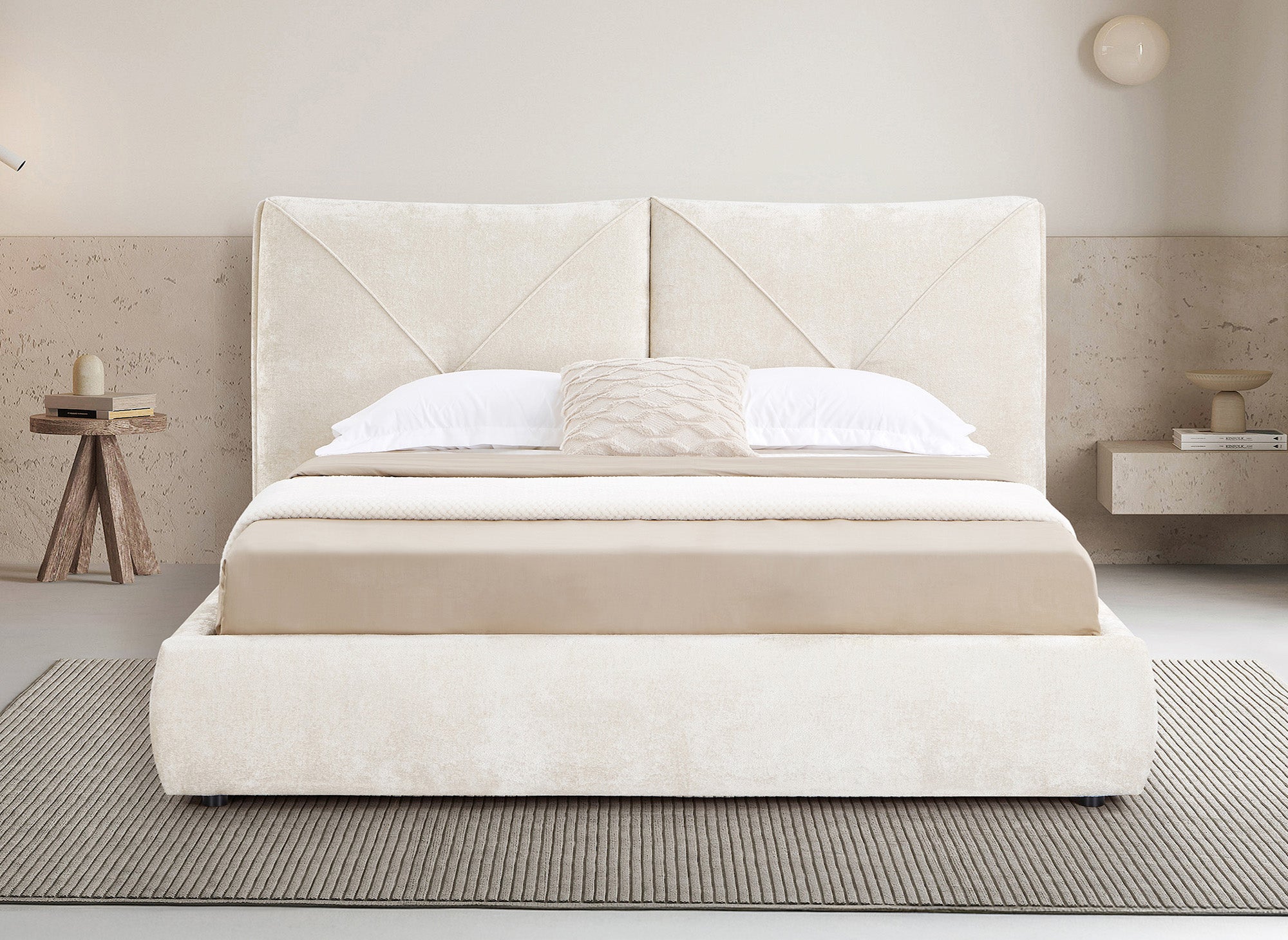 Cama de almacenaje NOAH de 180x200 cm, color beige, suave al tacto, de tela de rizo.