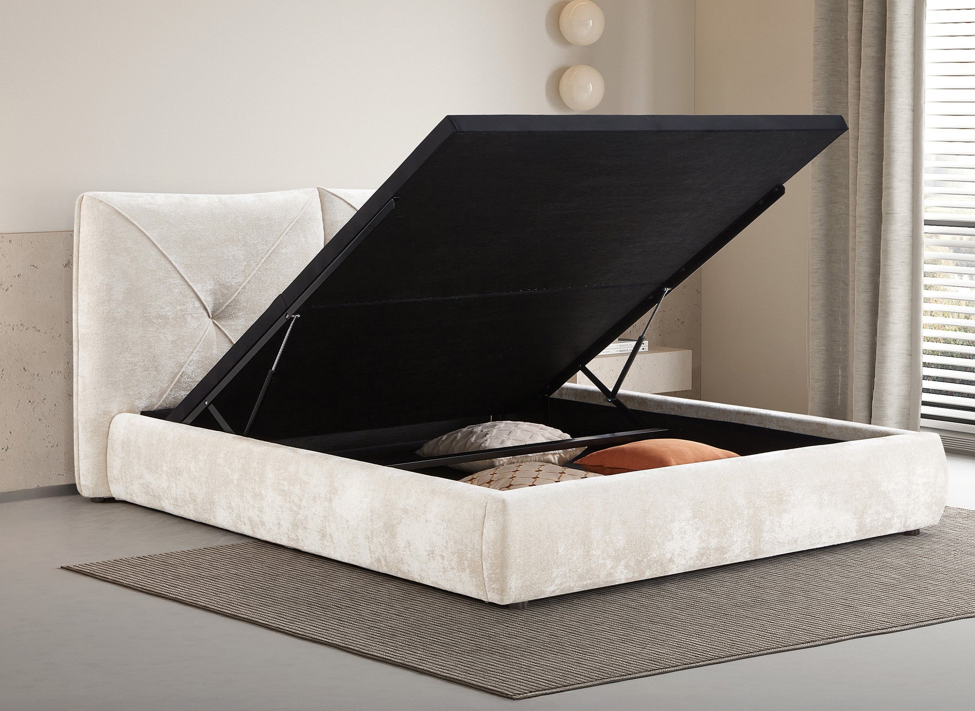 Cama de almacenaje NOAH de 180x200 cm, color beige, suave al tacto, de tela de rizo.