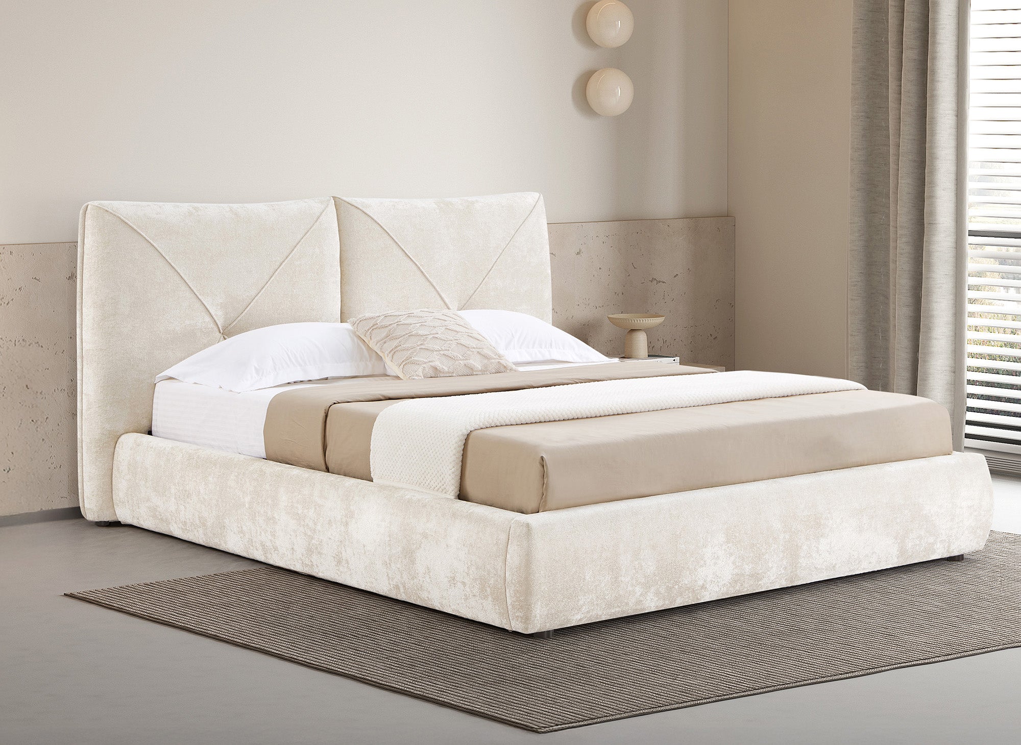 Cama de almacenaje NOAH de 180x200 cm, color beige, suave al tacto, de tela de rizo.