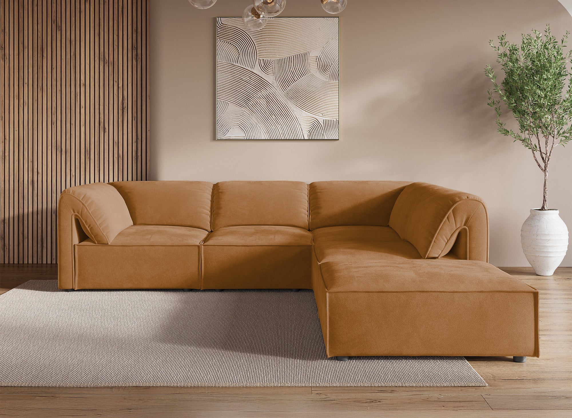 Sofá esquinero modular HARINA en terciopelo mostaza