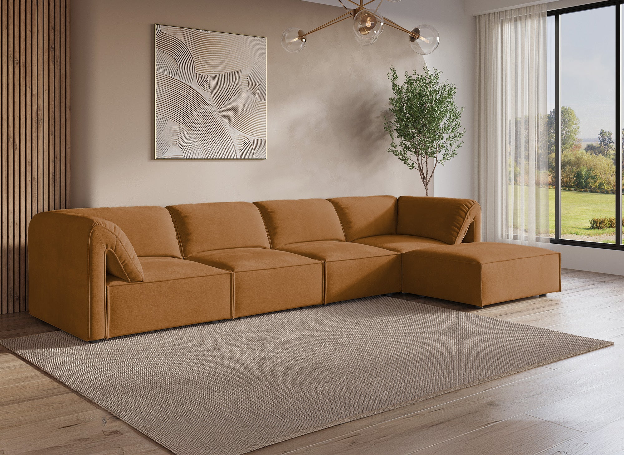 Sofá esquinero modular HARINA en terciopelo mostaza