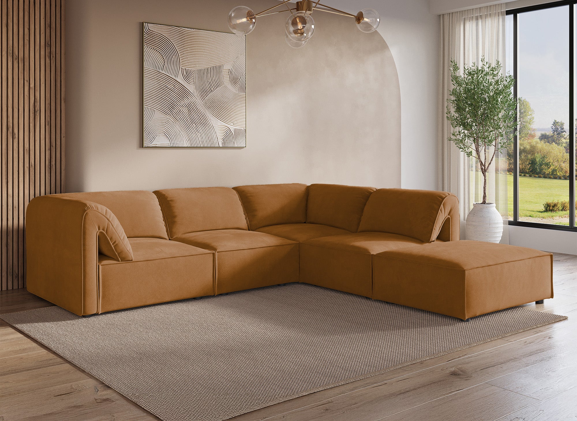 Sofá esquinero modular HARINA en terciopelo mostaza