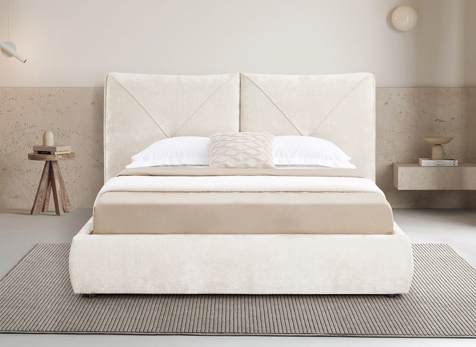 Cama de almacenaje NOAH de 160x200 cm, color beige, de suave tela de rizo.