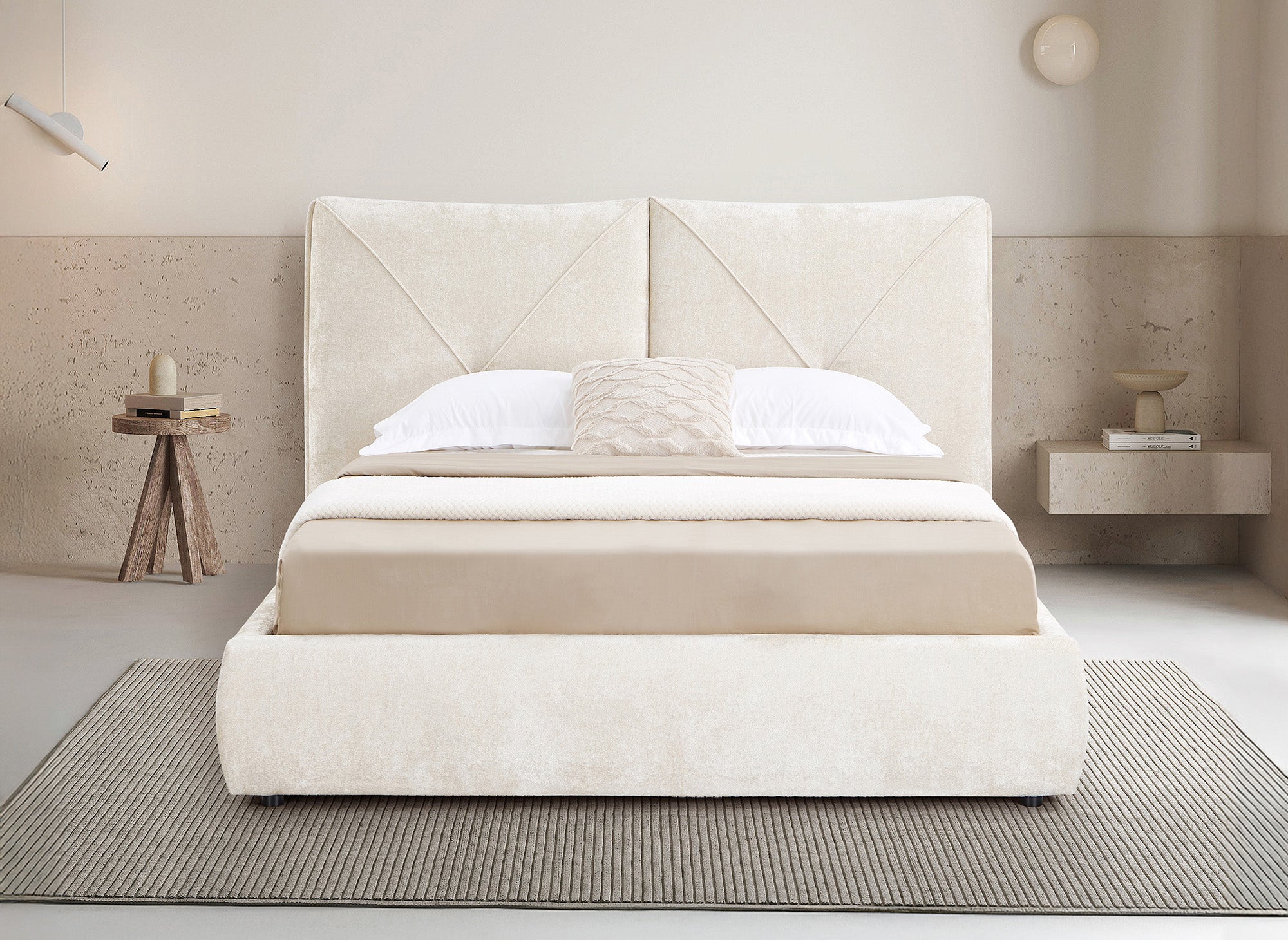 Cama NOAH de felpa suave color beige con almacenaje, 140x190 cm