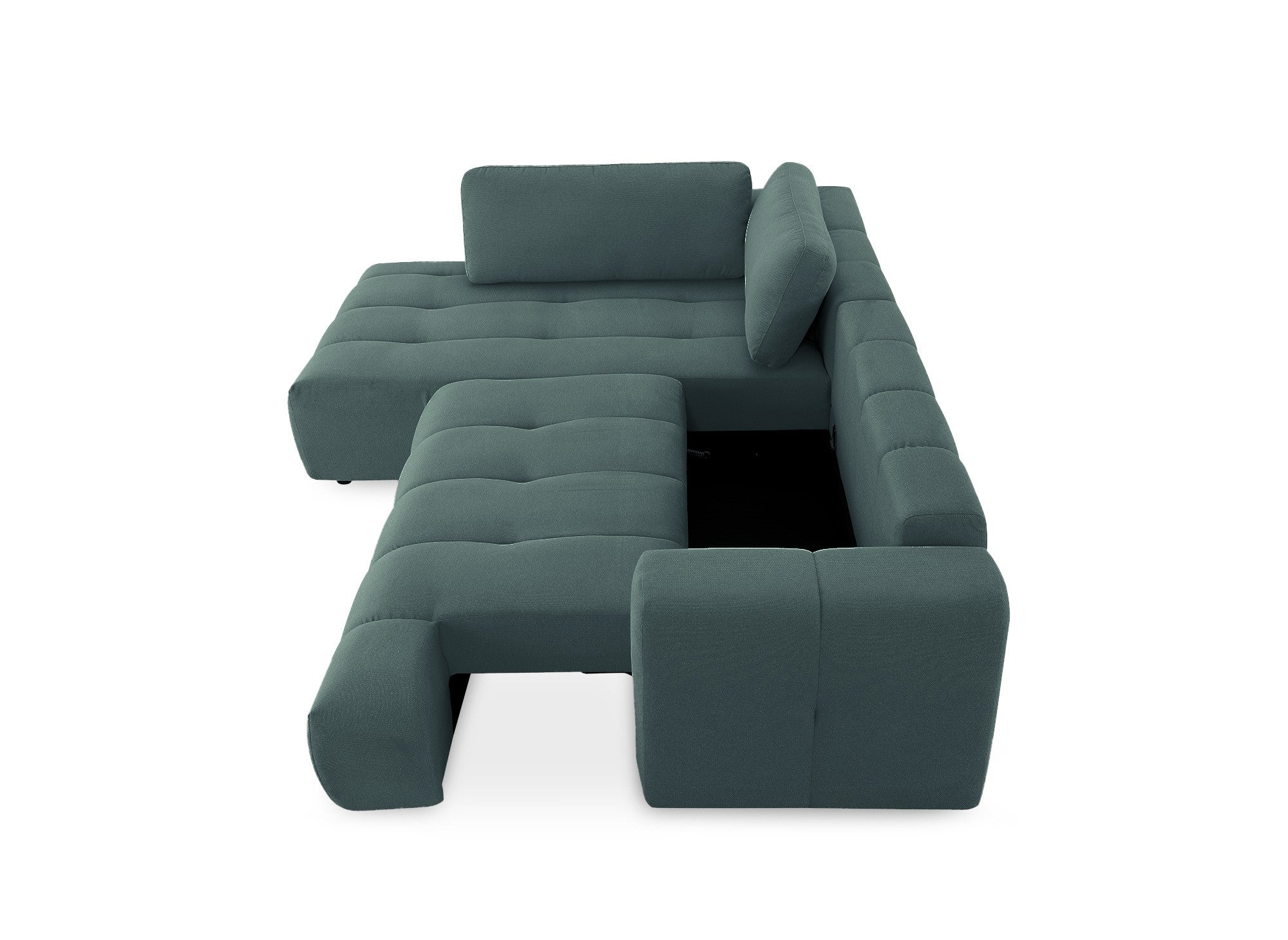 Sofá esquinero convertible HAVEN con almacenaje en tela verde oliva - Esquina izquierda