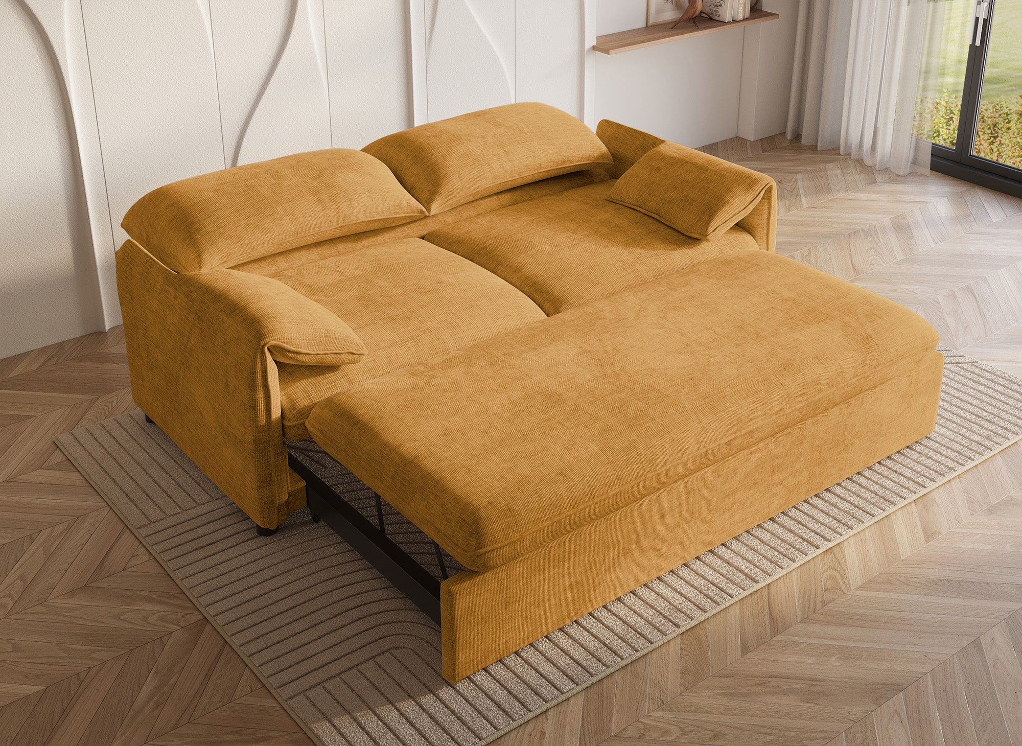 Sofá cama LAMAR de 3 plazas en terciopelo amarillo jaspeado