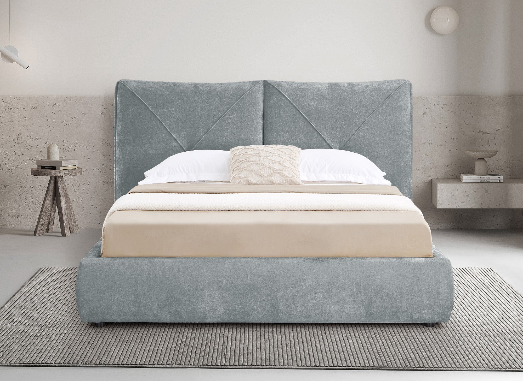 Cama contenedor NOAH de tela bouclé gris suave 160x200 cm