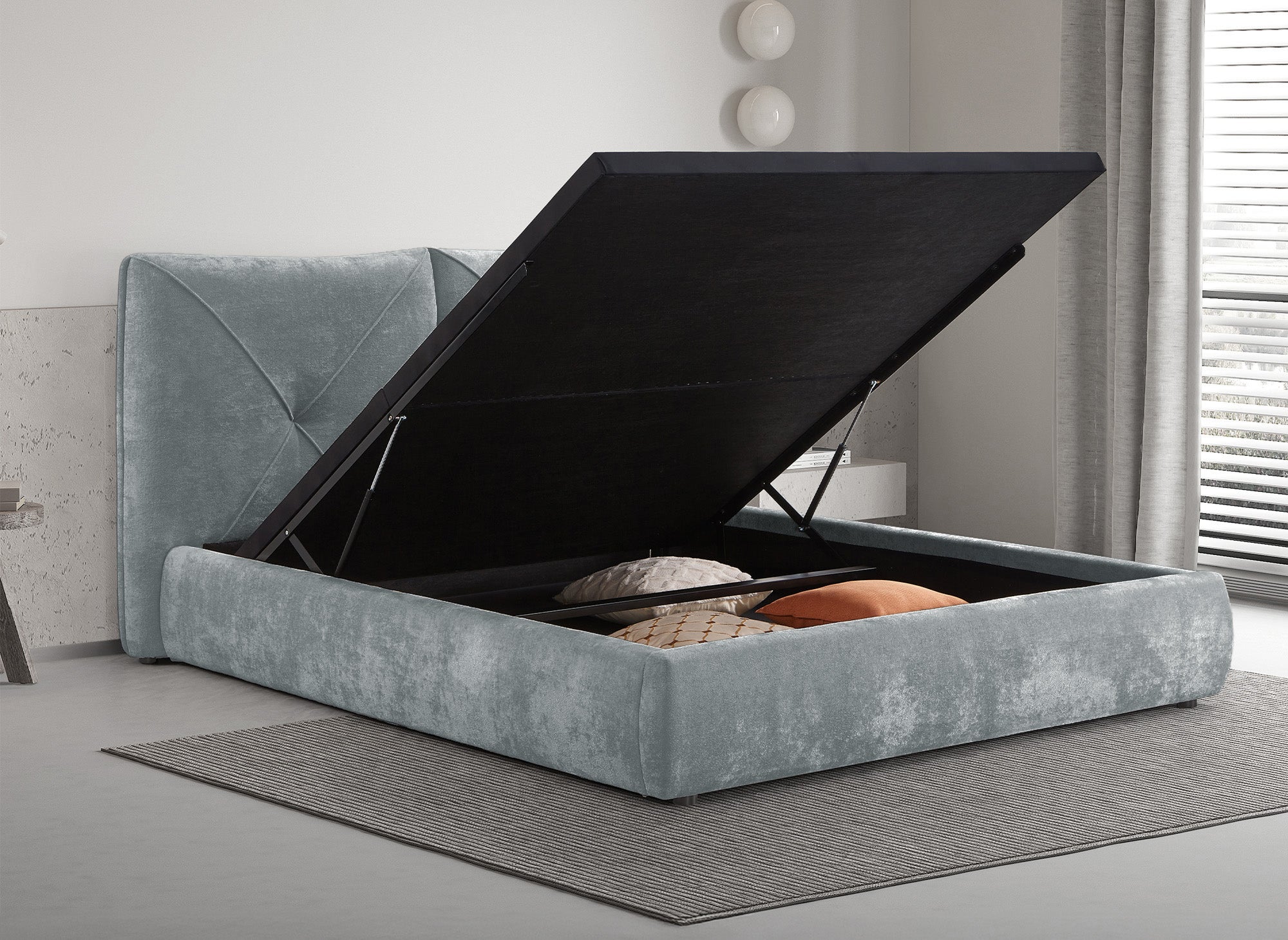 Cama contenedor NOAH de tela bouclé gris suave 160x200 cm