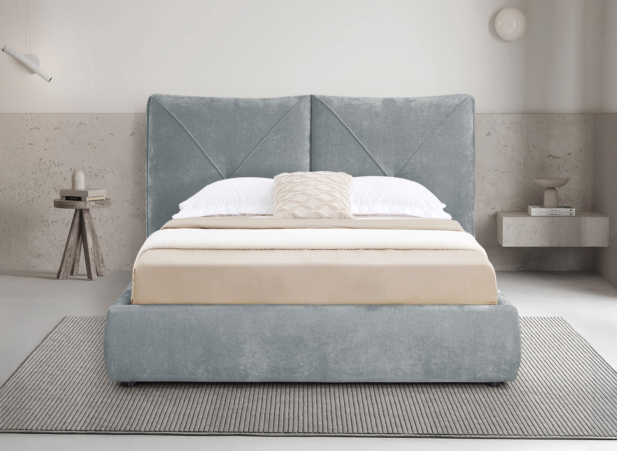 Cama con almacenaje NOAH de tela de rizo gris suave, 140 x 190 cm